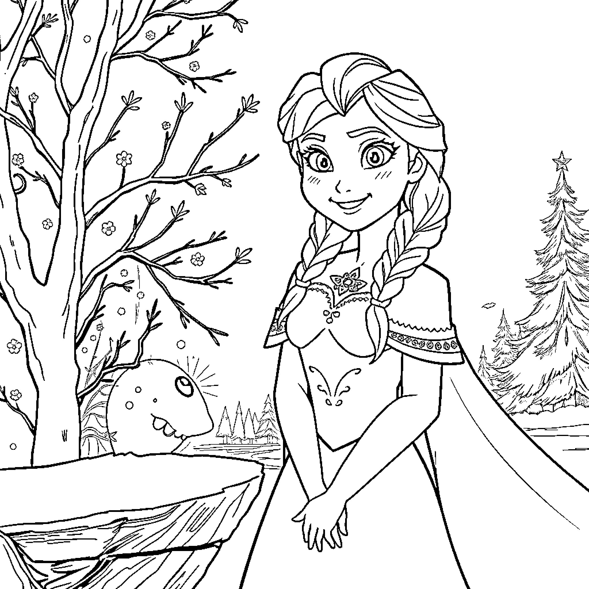 Anna's Enchanted Winter Adventure Coloring Page (free black-and-white line drawing printable PDF for all, from beginners to advanced learners, including children, teens, adults, and seniors)