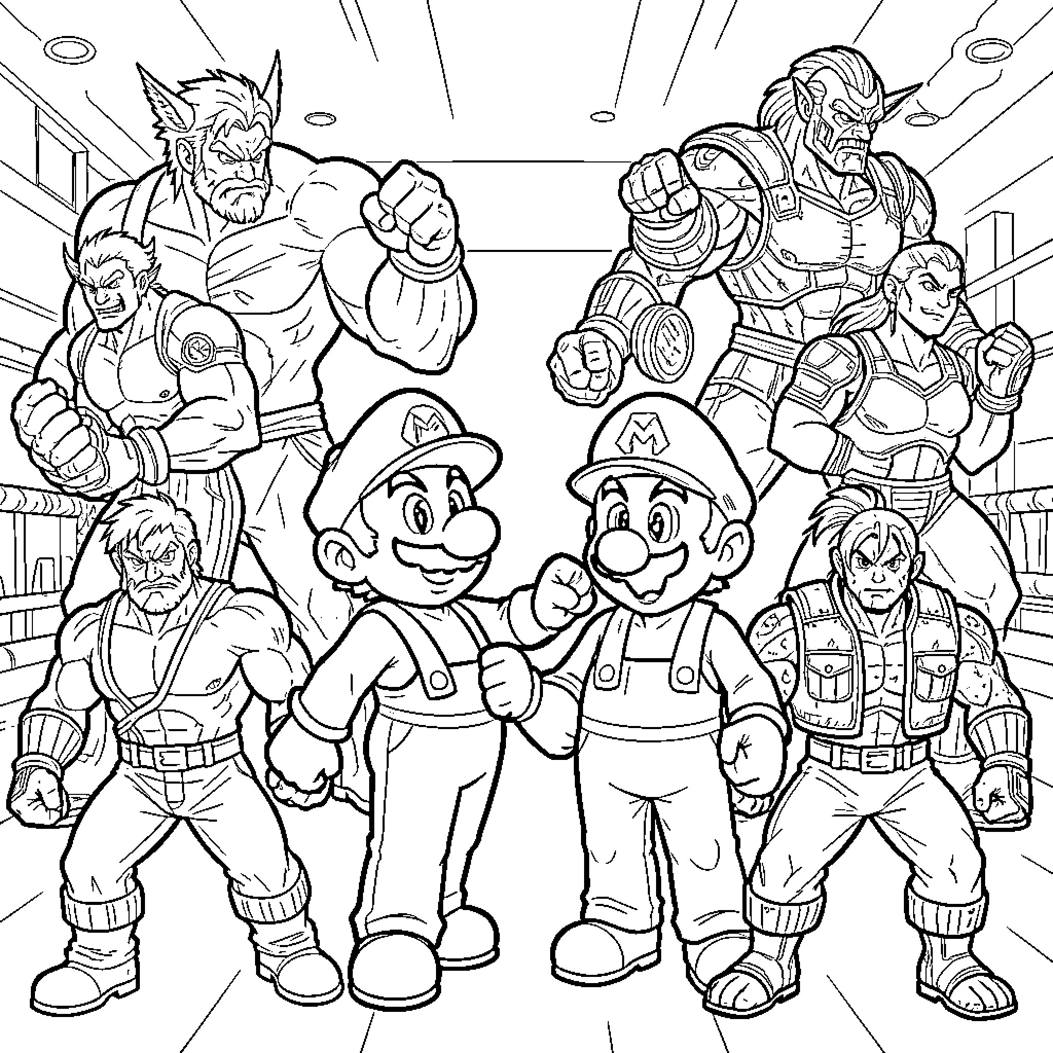 Mario posing with various powerful fighting characters Coloring Page (free black-and-white line drawing printable PDF for all, from beginners to advanced learners, including children, teens, adults, and seniors)