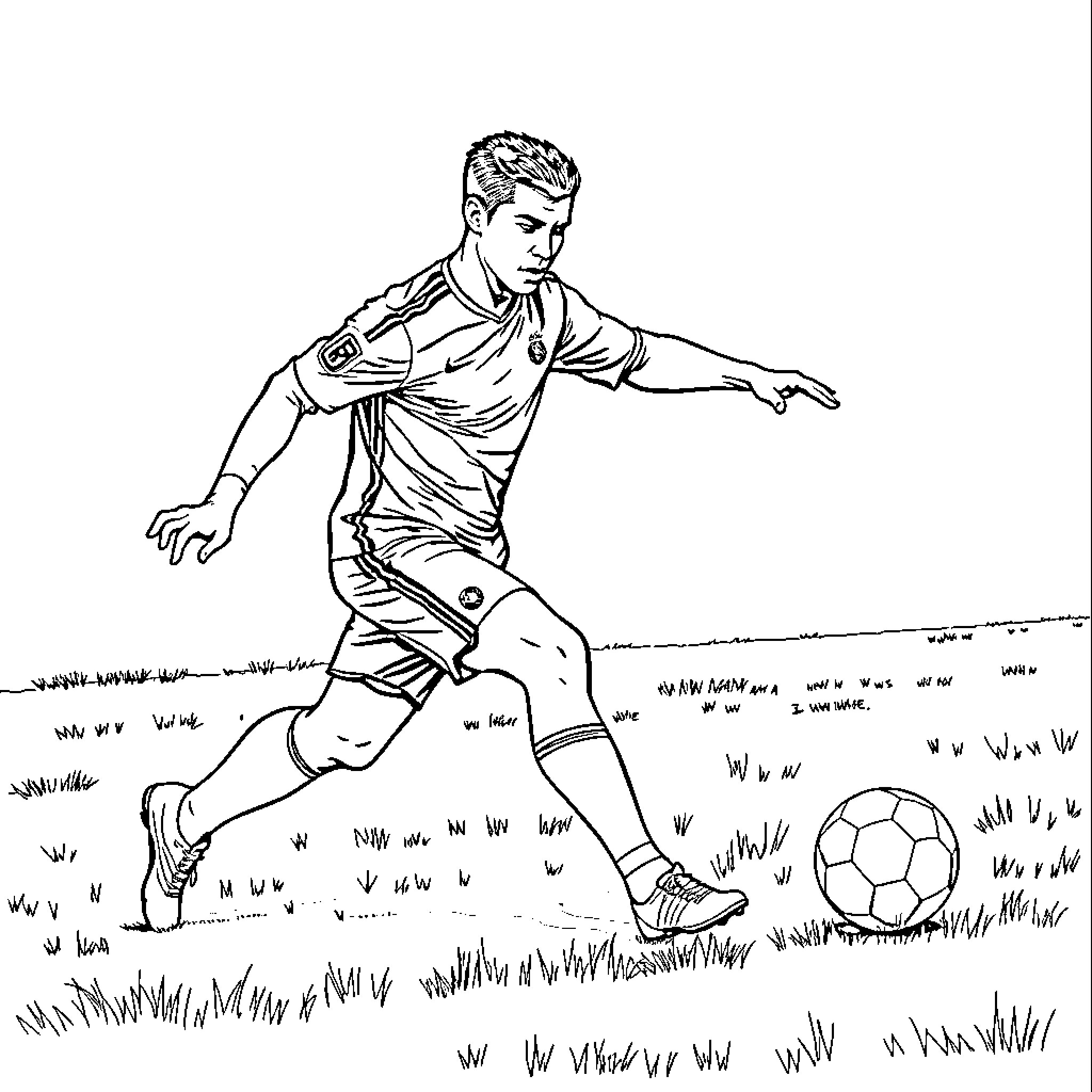 Cristiano Ronaldo playing soccer on field Coloring Page (free black-and-white line drawing printable PDF for all, from beginners to advanced learners, including children, teens, adults, and seniors)
