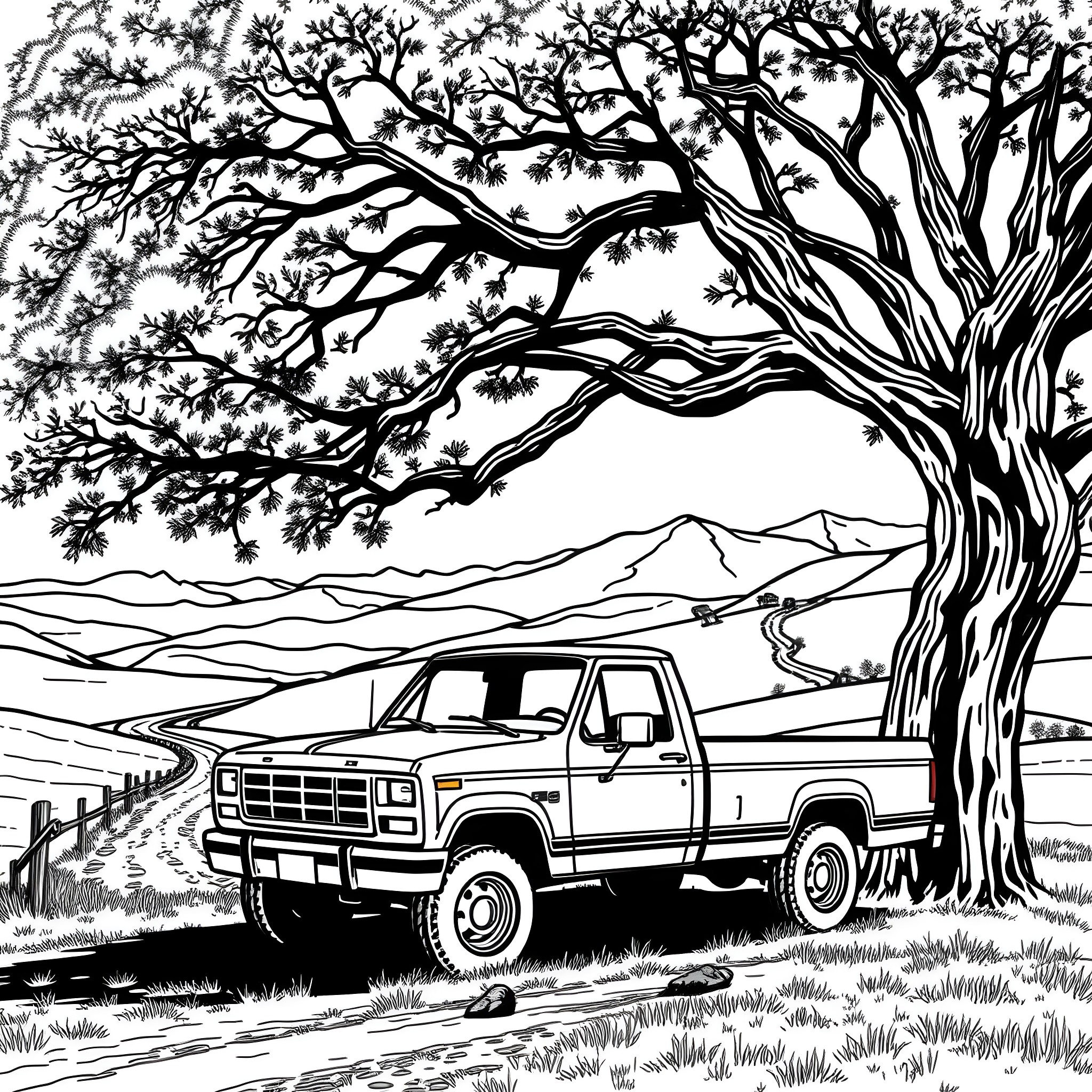 Truck parked under a tall tree in a rural landscape Coloring Page (free black-and-white line drawing printable PDF for all, from beginners to advanced learners, including children, teens, adults, and seniors)