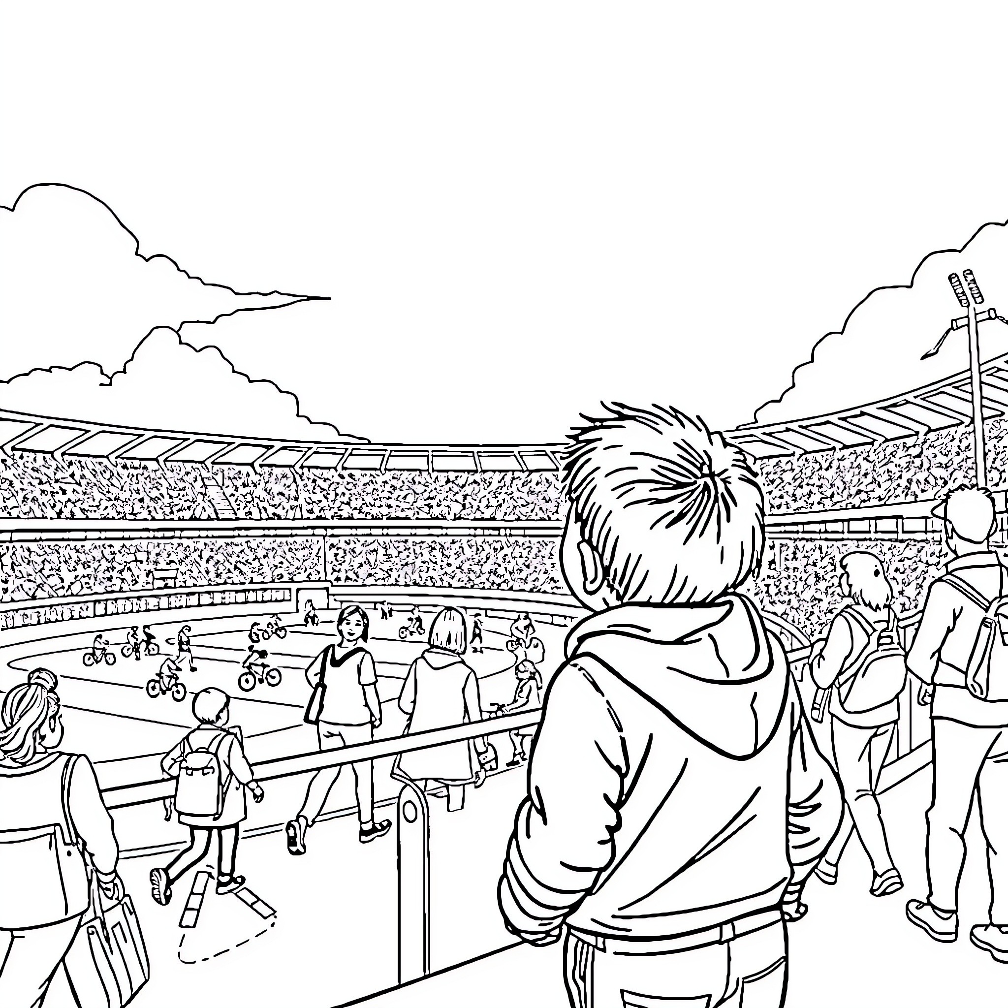 Enfant observing the bustling activity in a sports stadium Coloring Page (free black-and-white line drawing printable PDF for all, from beginners to advanced learners, including children, teens, adults, and seniors)