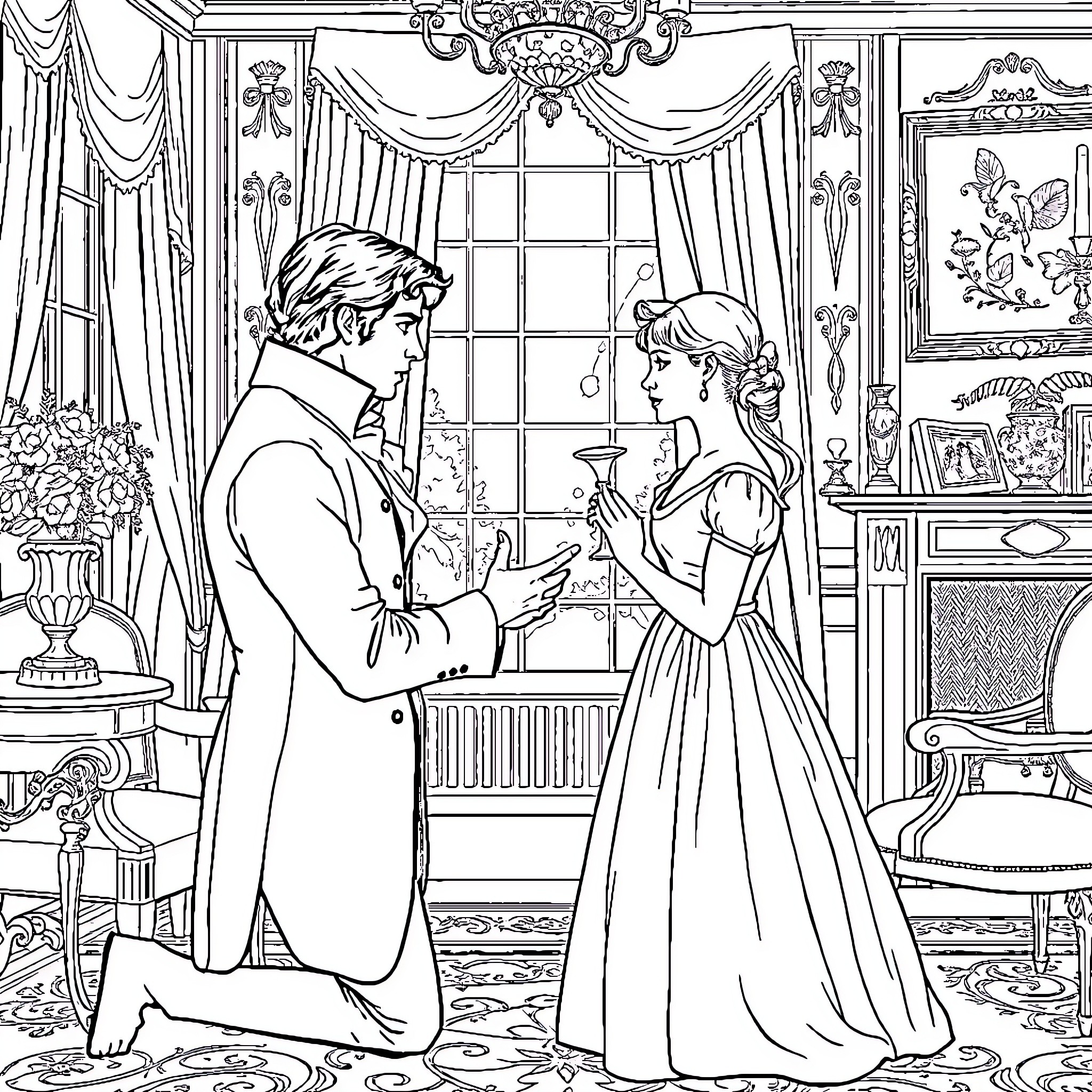 Mr. Darcy and Elizabeth's romantic encounter in the drawing room Coloring Page (free black-and-white line drawing printable PDF for all, from beginners to advanced learners, including children, teens, adults, and seniors)