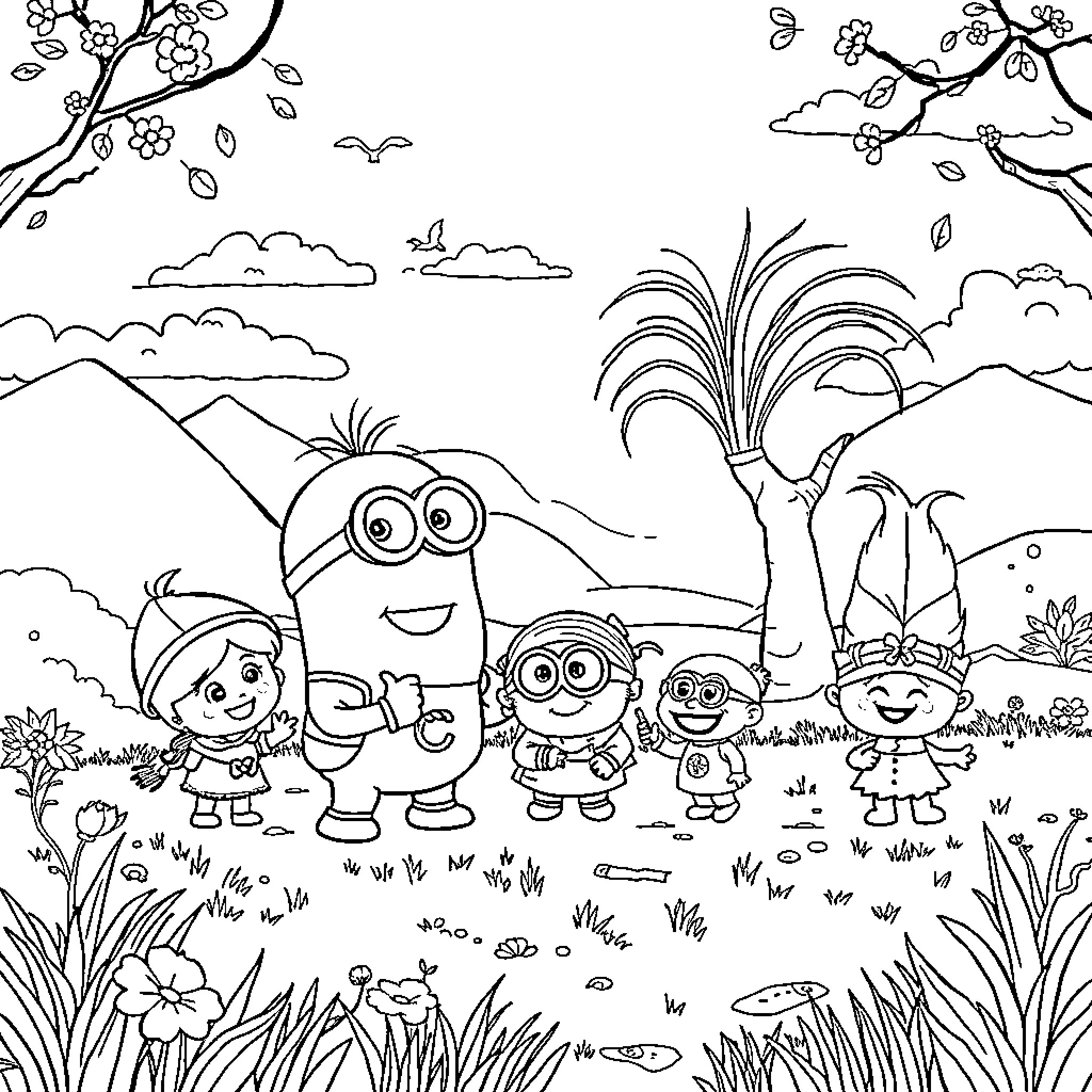 Chimuelo and Friends Explore the Tropical Landscape Coloring Page (free black-and-white line drawing printable PDF for all, from beginners to advanced learners, including children, teens, adults, and seniors)