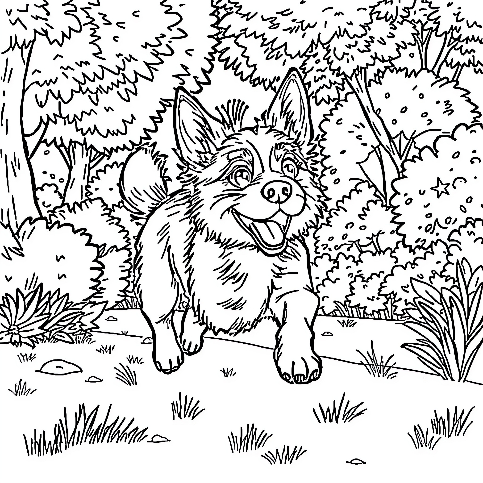 Dog exploring the lush forest Coloring Page (free black-and-white line drawing printable PDF for all, from beginners to advanced learners, including children, teens, adults, and seniors)