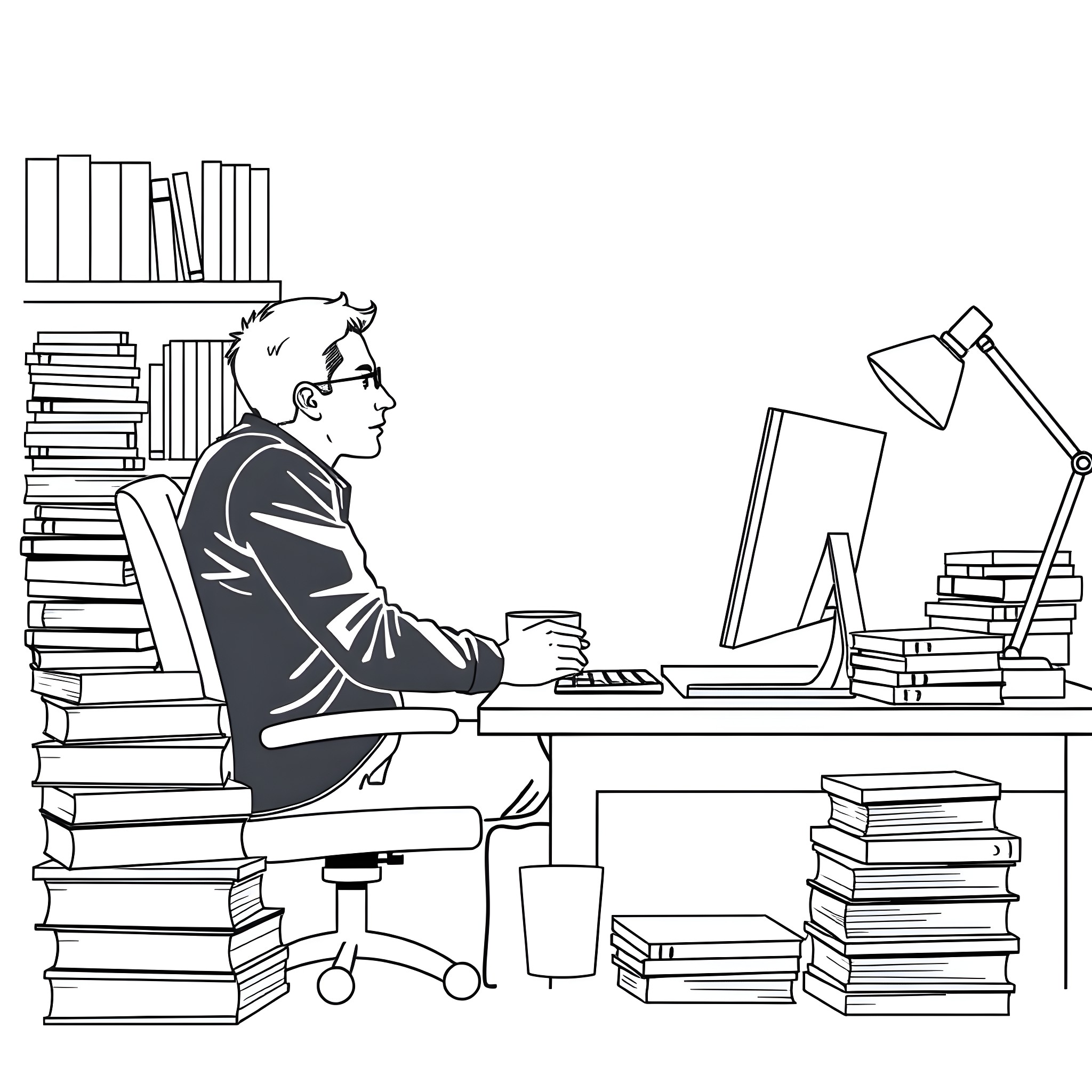 Man working diligently at his desk surrounded by books Coloring Page (free black-and-white line drawing printable PDF for all, from beginners to advanced learners, including children, teens, adults, and seniors)