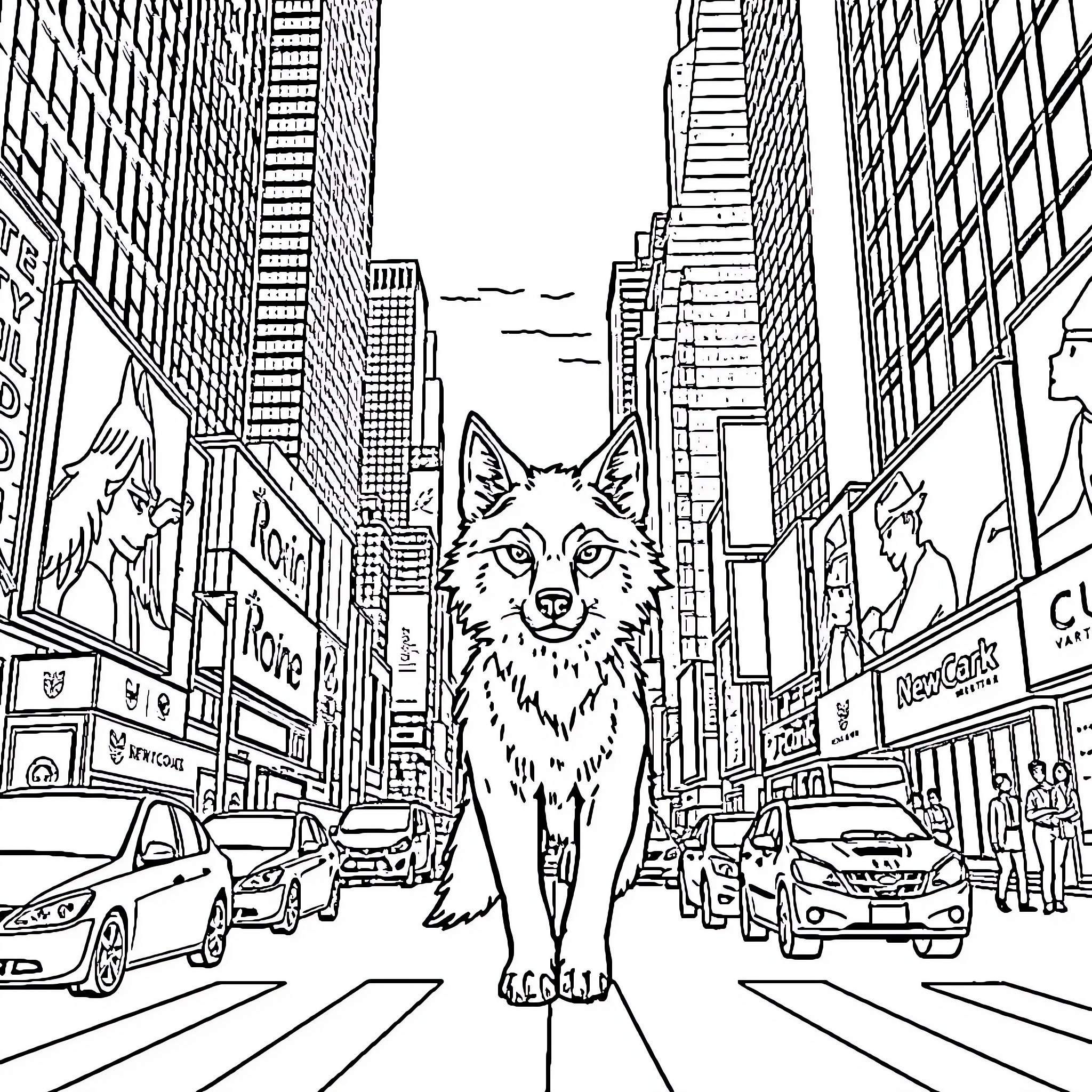 Wolfchan Exploring the Bustling City Streets Coloring Page (free black-and-white line drawing printable PDF for all, from beginners to advanced learners, including children, teens, adults, and seniors)
