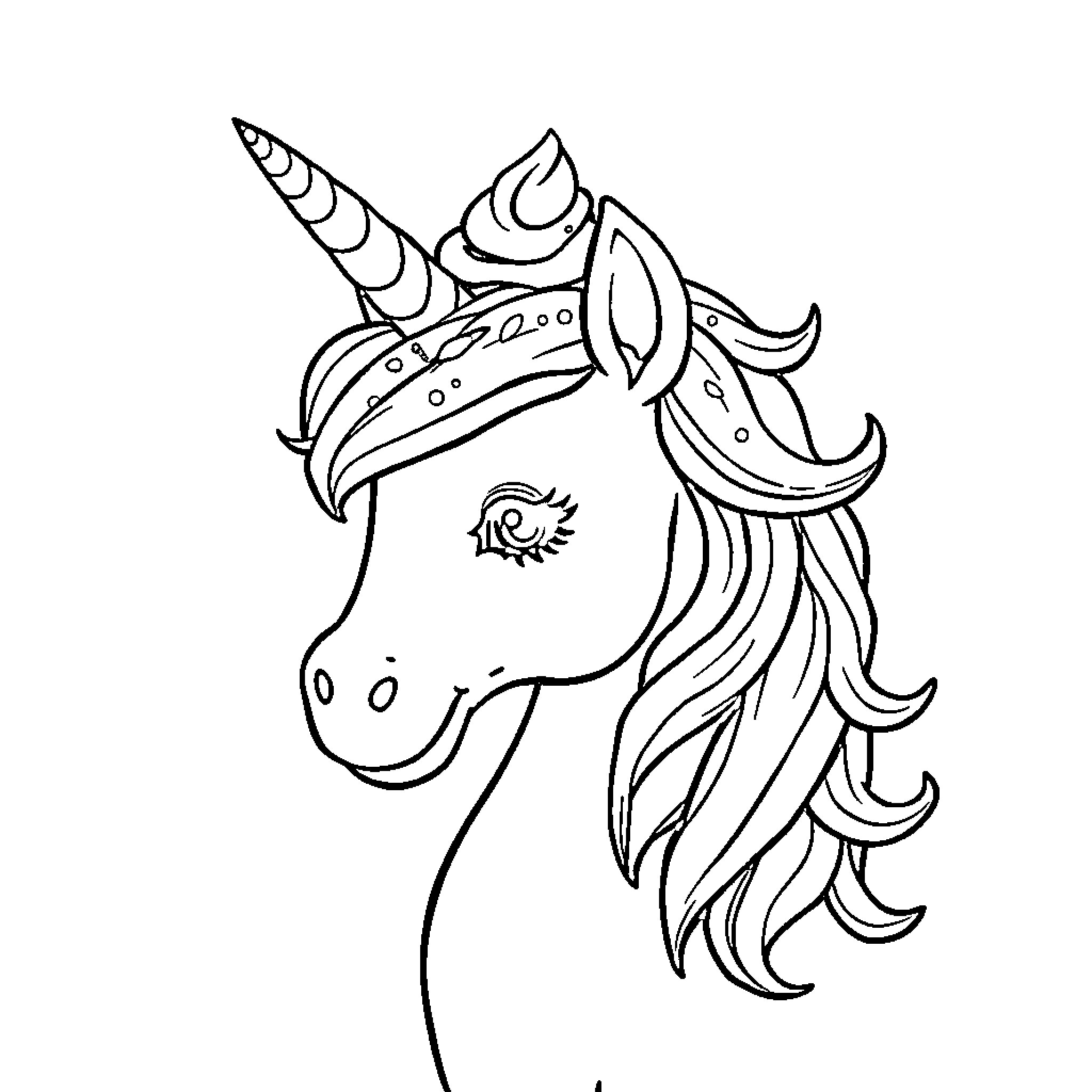 Unicorn with intricate horn and mane Coloring Page (free black-and-white line drawing printable PDF for all, from beginners to advanced learners, including children, teens, adults, and seniors)