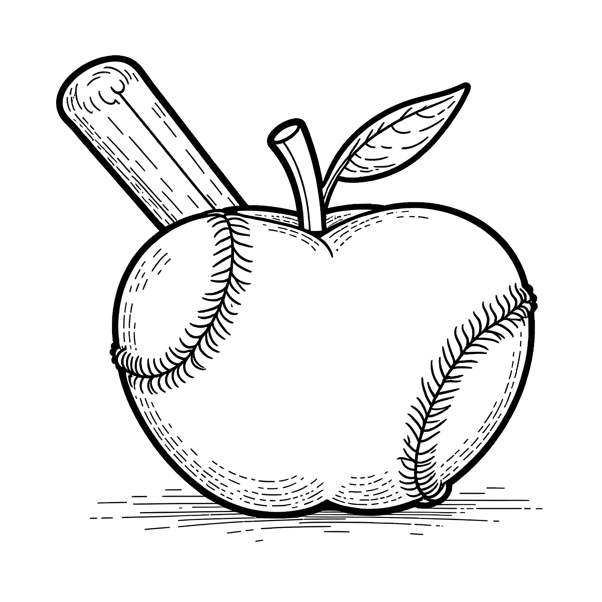Apple Shaped Like a Baseball Coloring Page (free black-and-white line drawing printable PDF for all, from beginners to advanced learners, including children, teens, adults, and seniors)