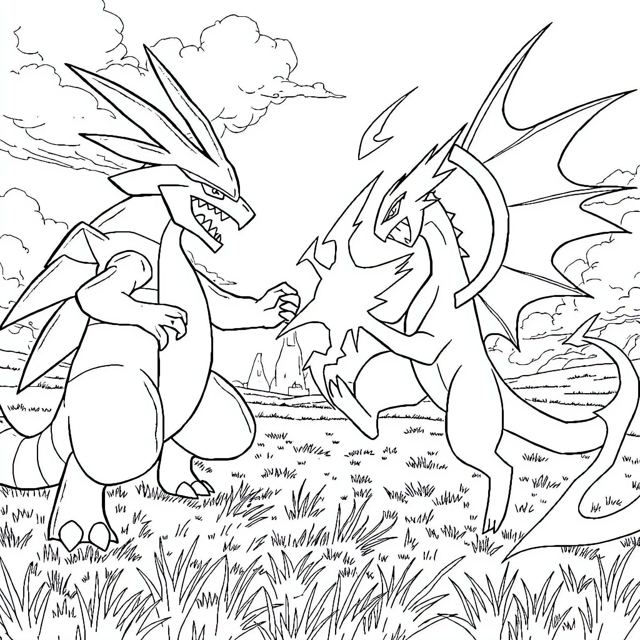 Pokémon battle in a grassy field Coloring Page (free black-and-white line drawing printable PDF for all, from beginners to advanced learners, including children, teens, adults, and seniors)