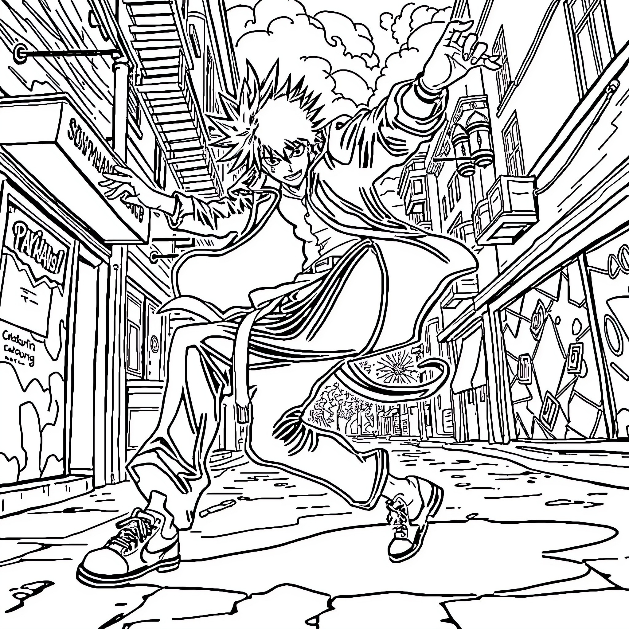 Roronoa Zoro's Thrilling Action in the City Coloring Page (free black-and-white line drawing printable PDF for all, from beginners to advanced learners, including children, teens, adults, and seniors)