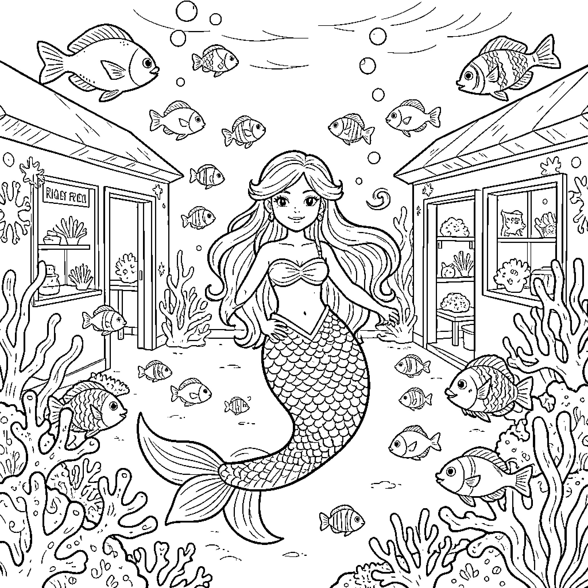 Mermaid exploring the underwater world Coloring Page (free black-and-white line drawing printable PDF for all, from beginners to advanced learners, including children, teens, adults, and seniors)