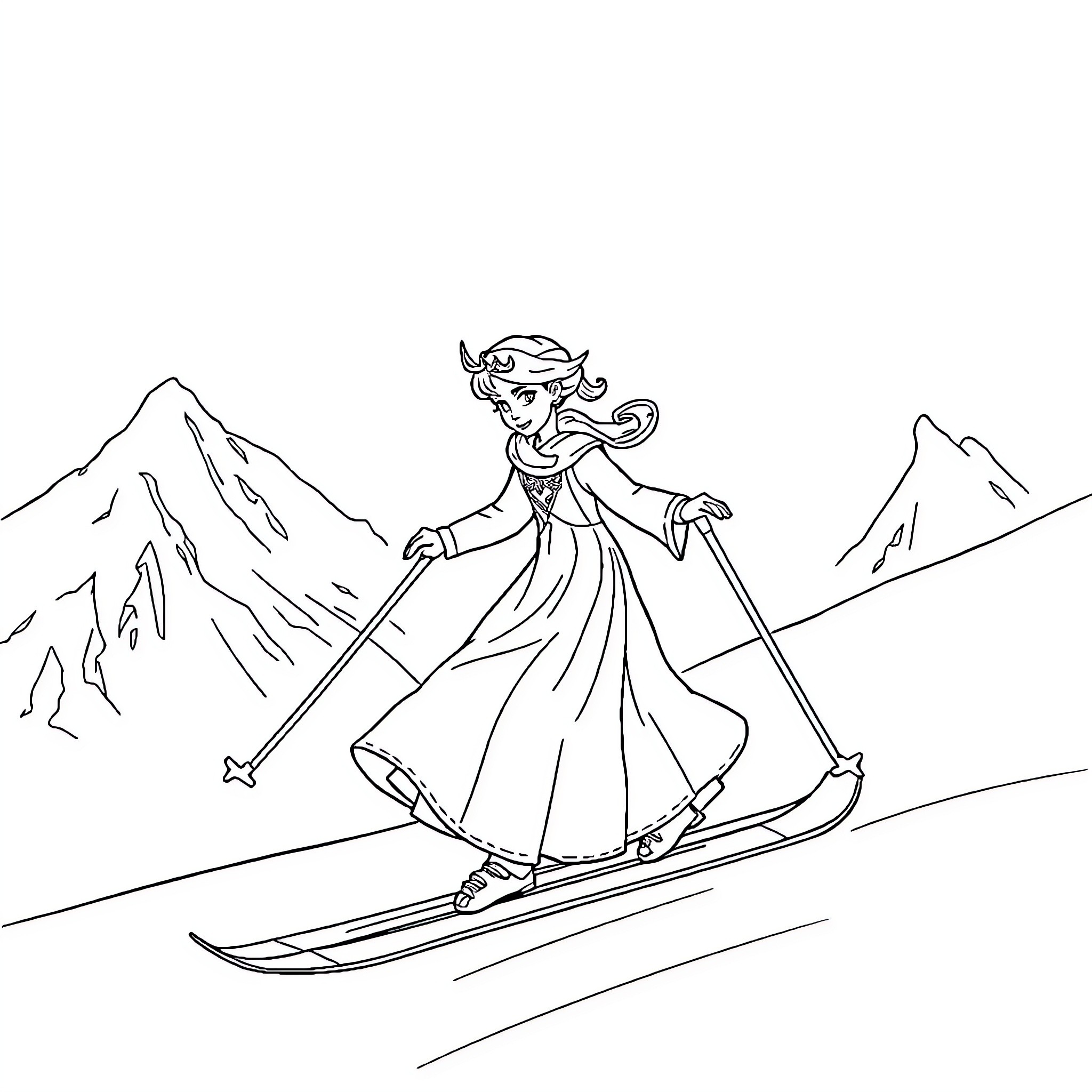 Snow Queen gliding gracefully on skis in the mountains Coloring Page (free black-and-white line drawing printable PDF for all, from beginners to advanced learners, including children, teens, adults, and seniors)