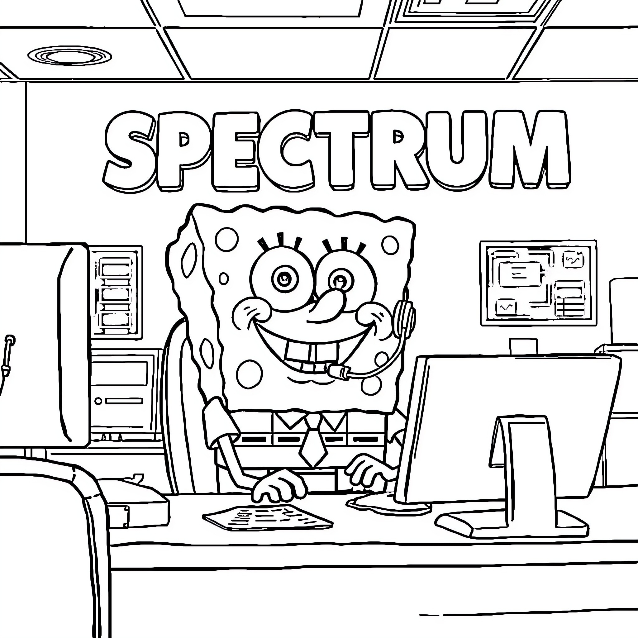 Spongebob working happily at the Spectrum computer Coloring Page (free black-and-white line drawing printable PDF for all, from beginners to advanced learners, including children, teens, adults, and seniors)