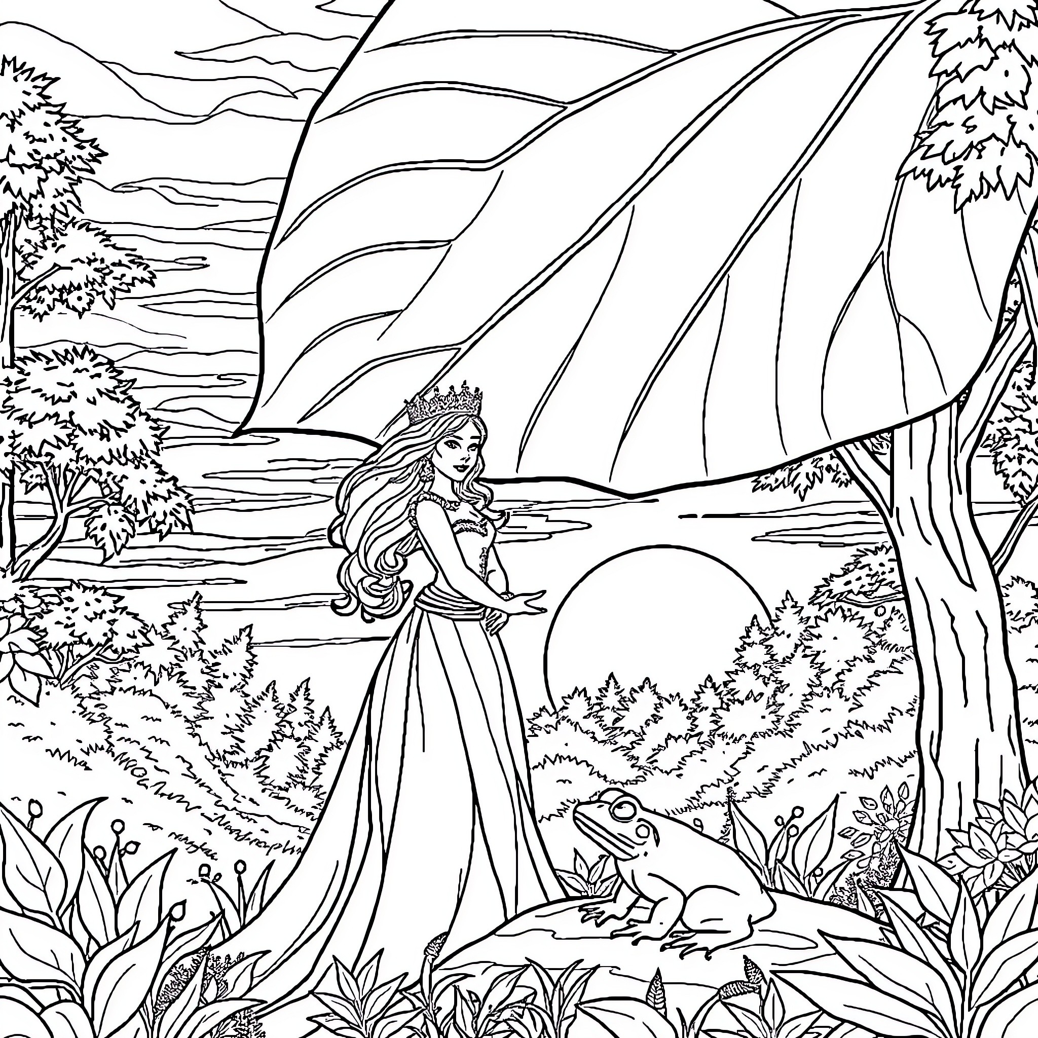Queen in Enchanting Woodland Landscape Coloring Page (free black-and-white line drawing printable PDF for all, from beginners to advanced learners, including children, teens, adults, and seniors)