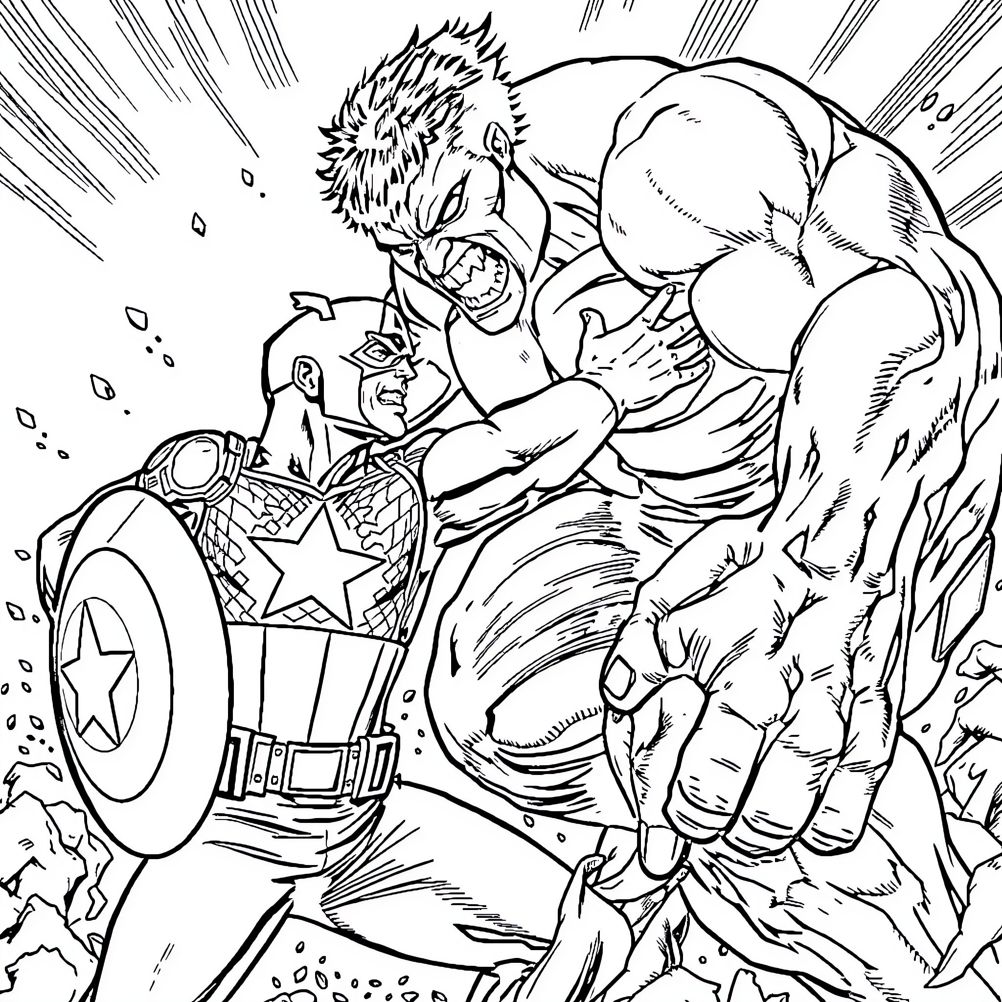 Captain America battling a fierce and powerful foe Coloring Page (free black-and-white line drawing printable PDF for all, from beginners to advanced learners, including children, teens, adults, and seniors)