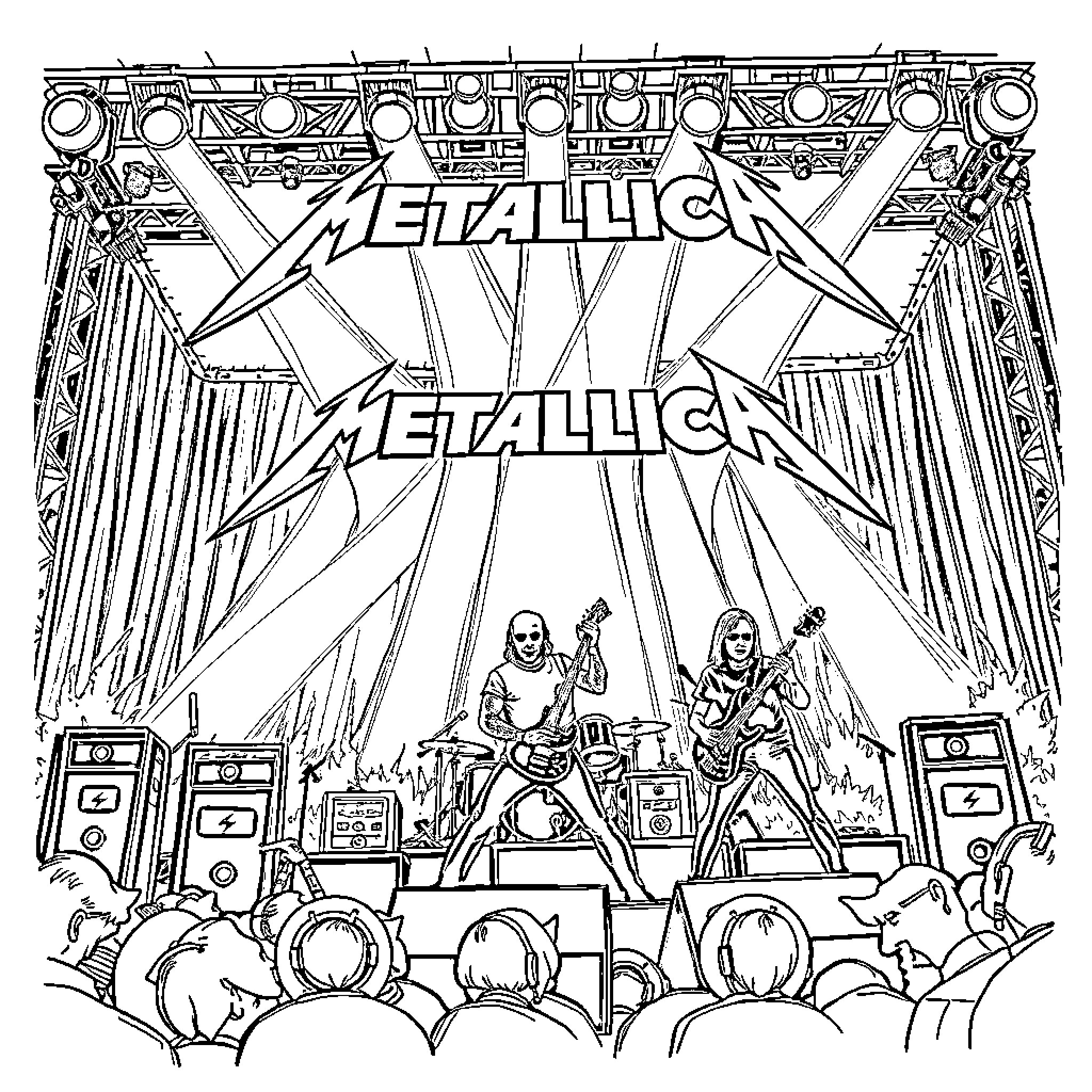 Metallica performing on stage with dramatic lighting Coloring Page (free black-and-white line drawing printable PDF for all, from beginners to advanced learners, including children, teens, adults, and seniors)