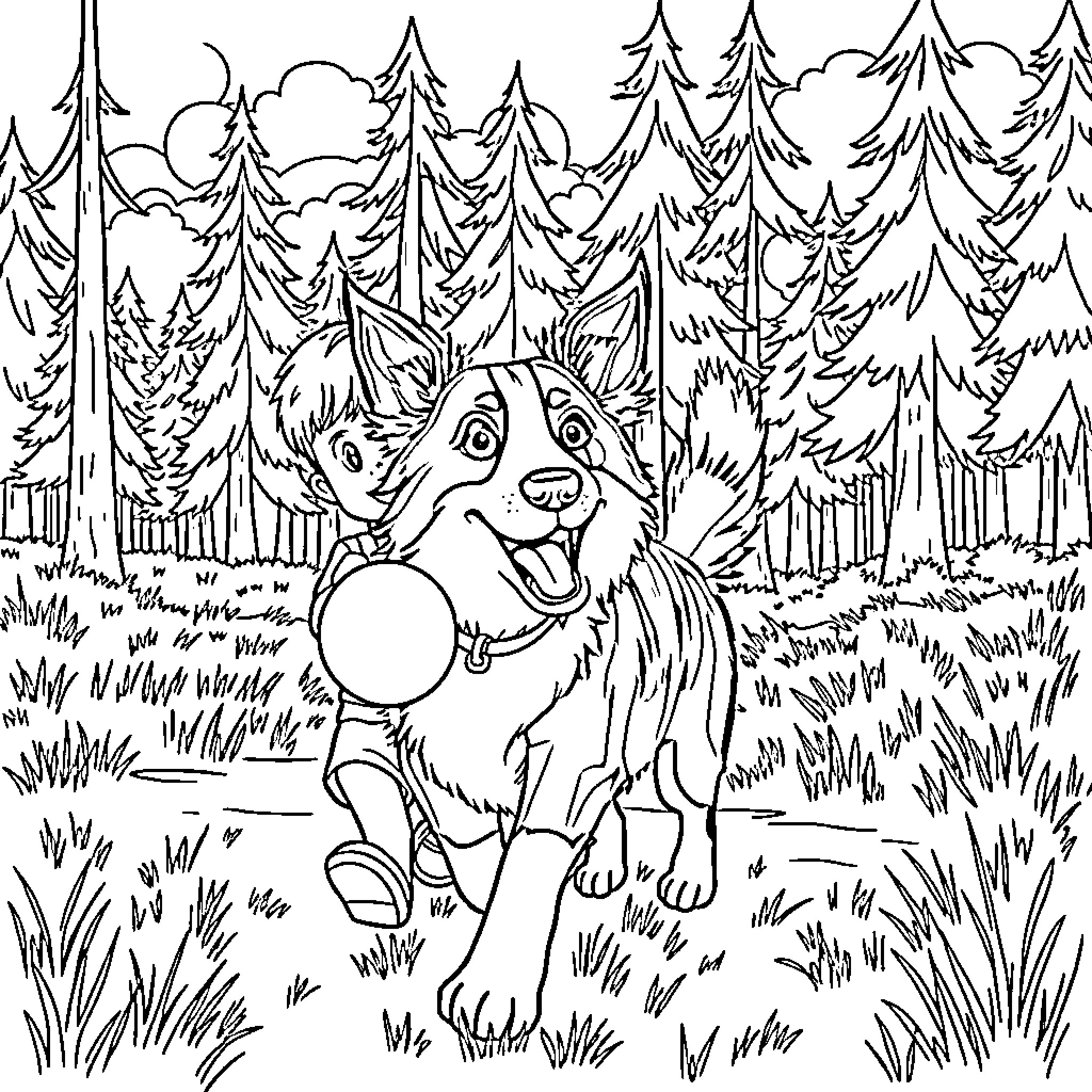 Border Collie playing joyfully in the forest Coloring Page (free black-and-white line drawing printable PDF for all, from beginners to advanced learners, including children, teens, adults, and seniors)