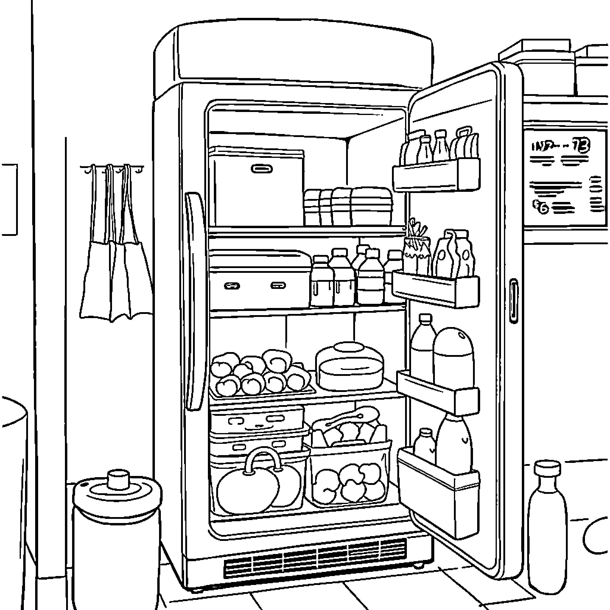 Lunch Box: Fully Stocked Fridge with Various Items Coloring Page (free black-and-white line drawing printable PDF for all, from beginners to advanced learners, including children, teens, adults, and seniors)
