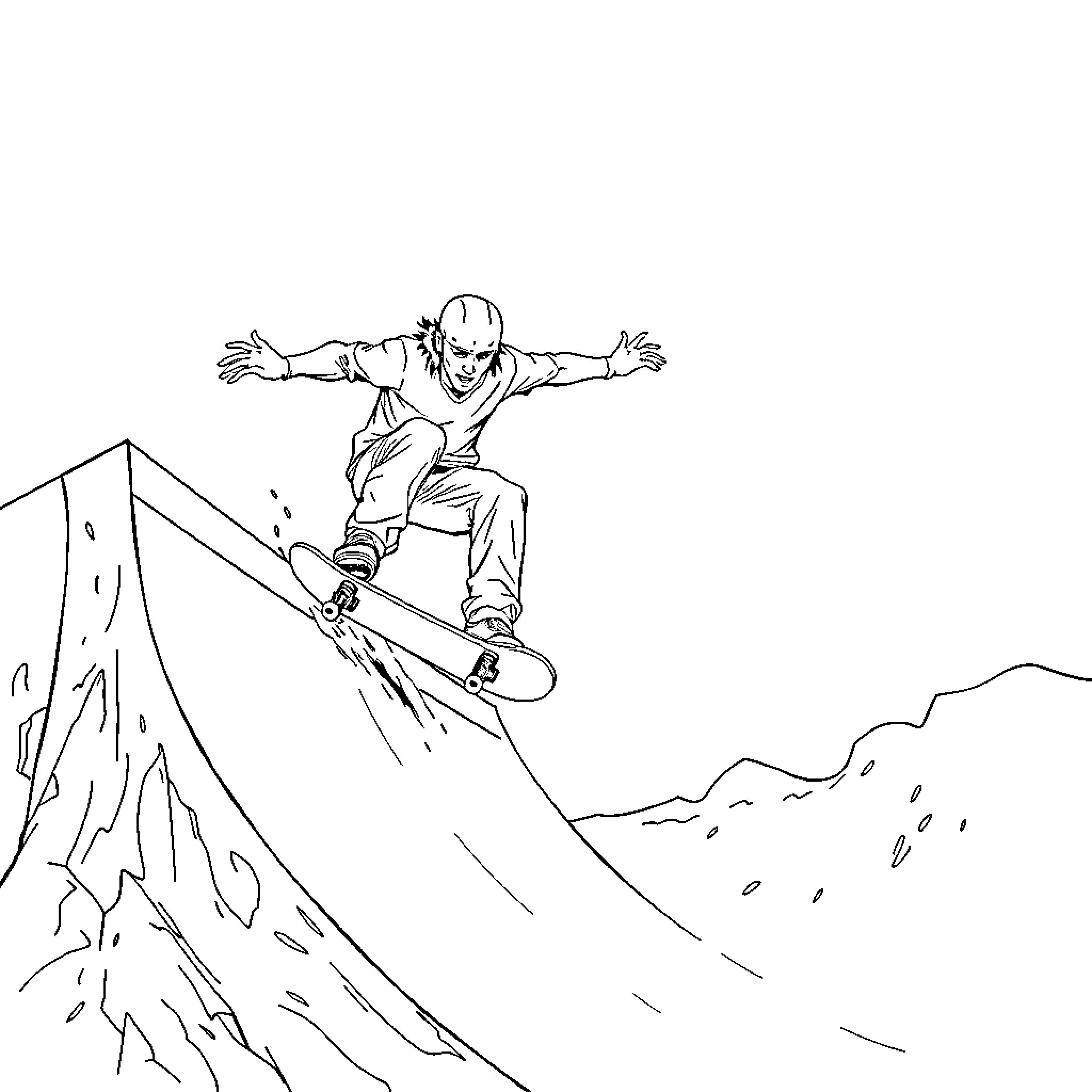 Tony Hawk performing extreme skateboarding stunt on mountain slope Coloring Page (free black-and-white line drawing printable PDF for all, from beginners to advanced learners, including children, teens, adults, and seniors)