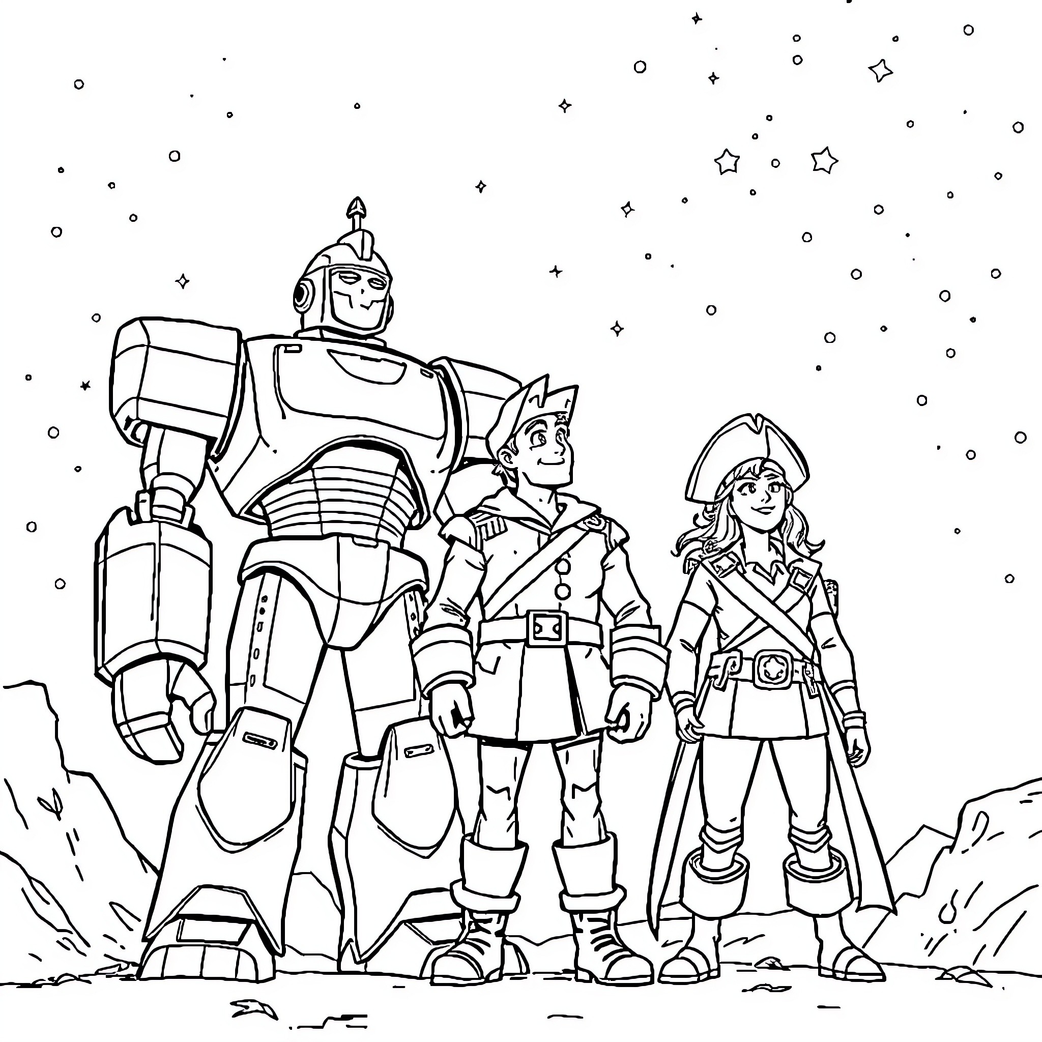 Goldorak and his brave companions in a galactic adventure Coloring Page (free black-and-white line drawing printable PDF for all, from beginners to advanced learners, including children, teens, adults, and seniors)