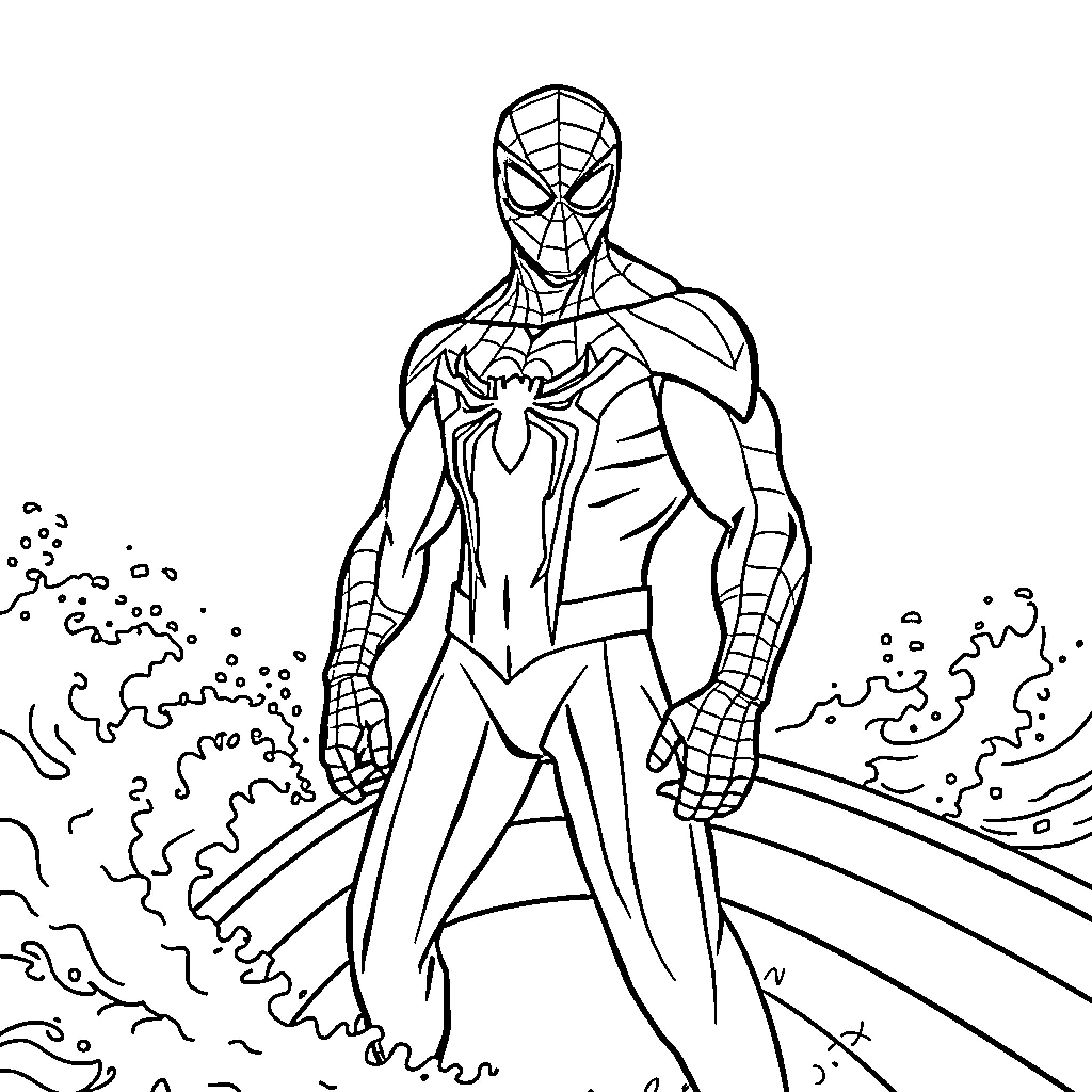 Spiderman web-slinging through the air Coloring Page (free black-and-white line drawing printable PDF for all, from beginners to advanced learners, including children, teens, adults, and seniors)