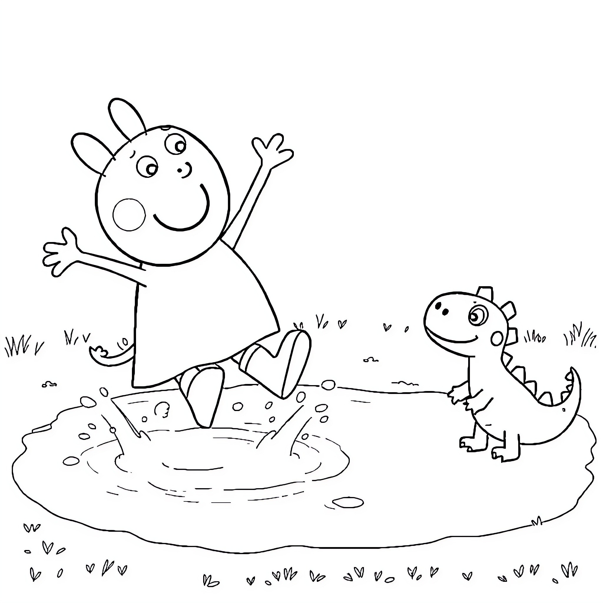 Peppa playing happily in the mud with Dinosaur Coloring Page (free black-and-white line drawing printable PDF for all, from beginners to advanced learners, including children, teens, adults, and seniors)