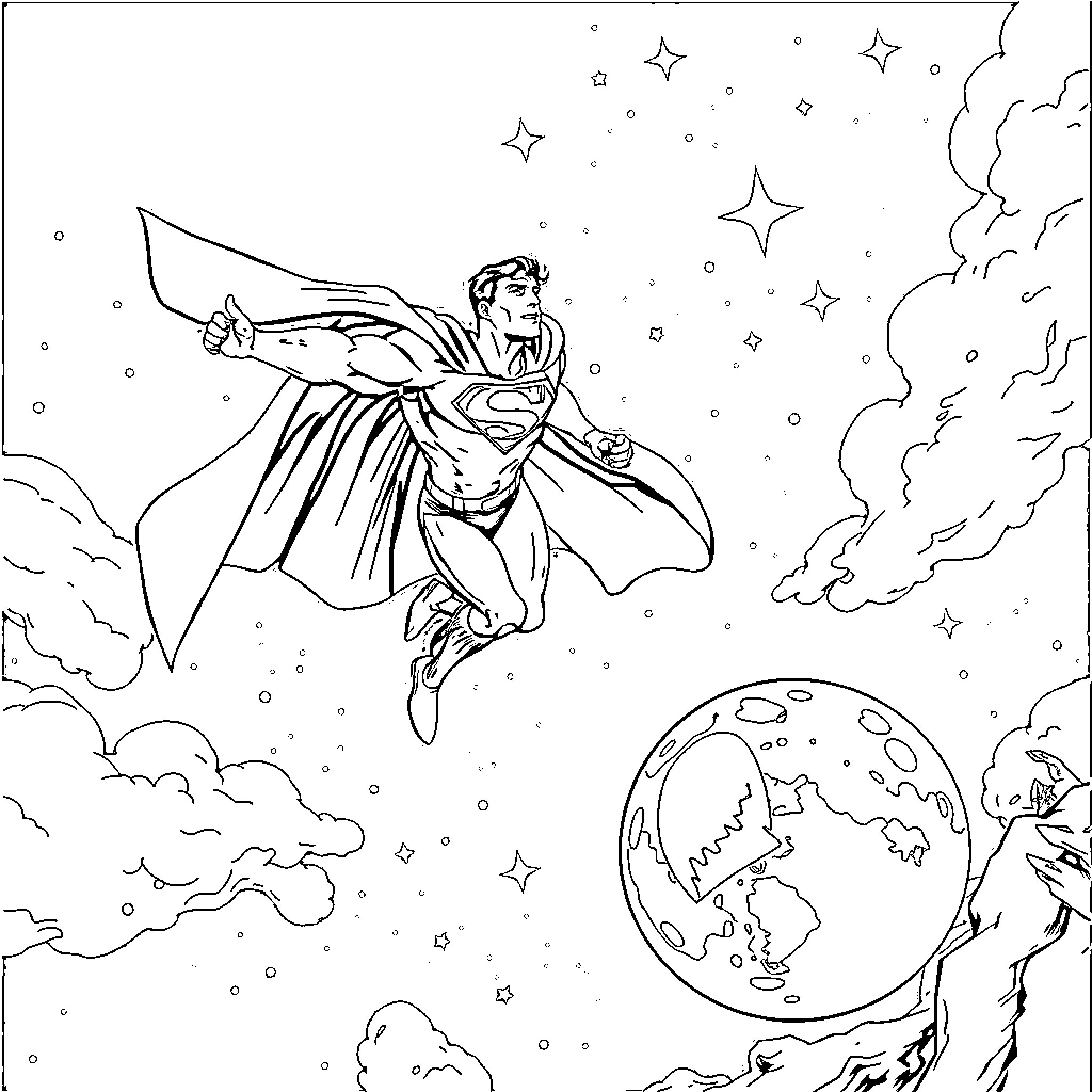 Superman soars through the starry night sky Coloring Page (free black-and-white line drawing printable PDF for all, from beginners to advanced learners, including children, teens, adults, and seniors)