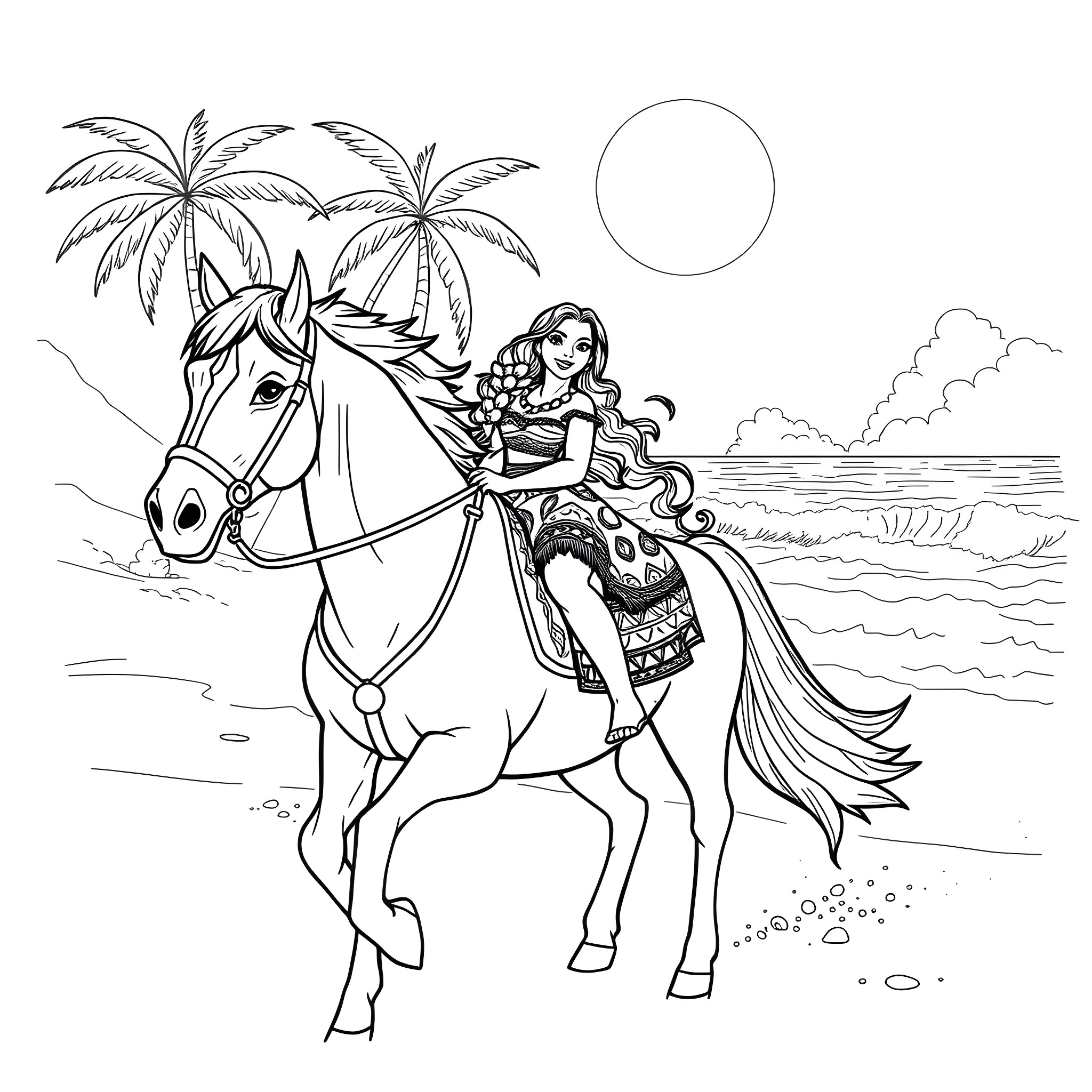 Moana riding a horse on the beach Coloring Page (free black-and-white line drawing printable PDF for all, from beginners to advanced learners, including children, teens, adults, and seniors)