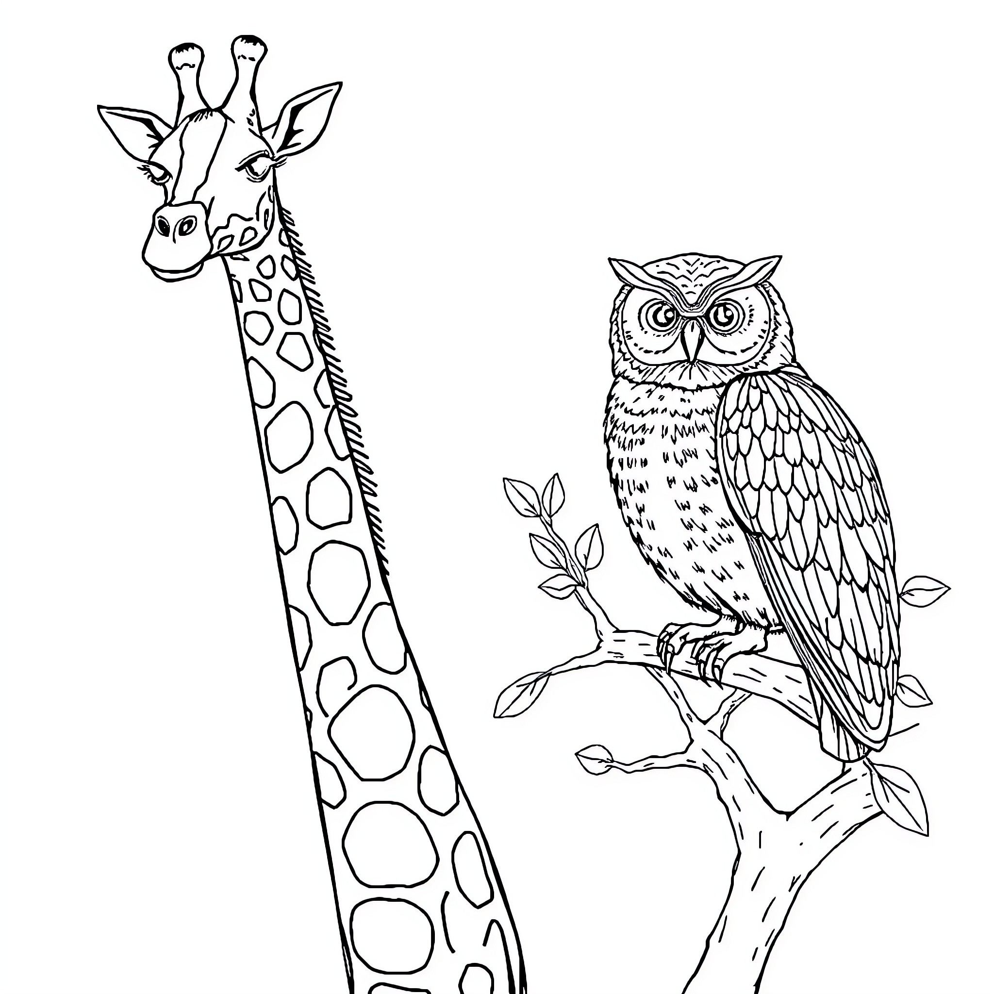 Giraffe and Owl in Peaceful Scene Coloring Page (free black-and-white line drawing printable PDF for all, from beginners to advanced learners, including children, teens, adults, and seniors)
