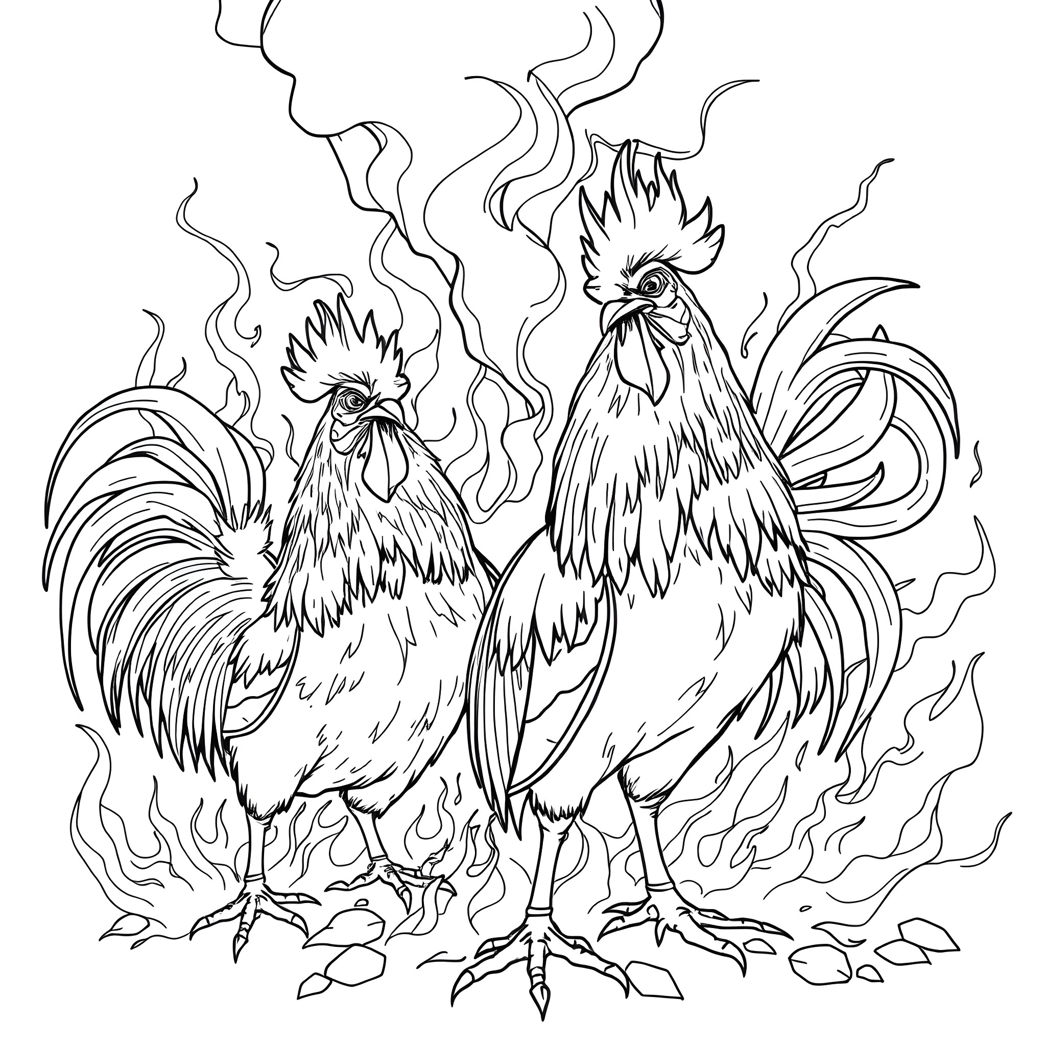 Rooster Duo with Flaming Plumage Coloring Page (free black-and-white line drawing printable PDF for all, from beginners to advanced learners, including children, teens, adults, and seniors)