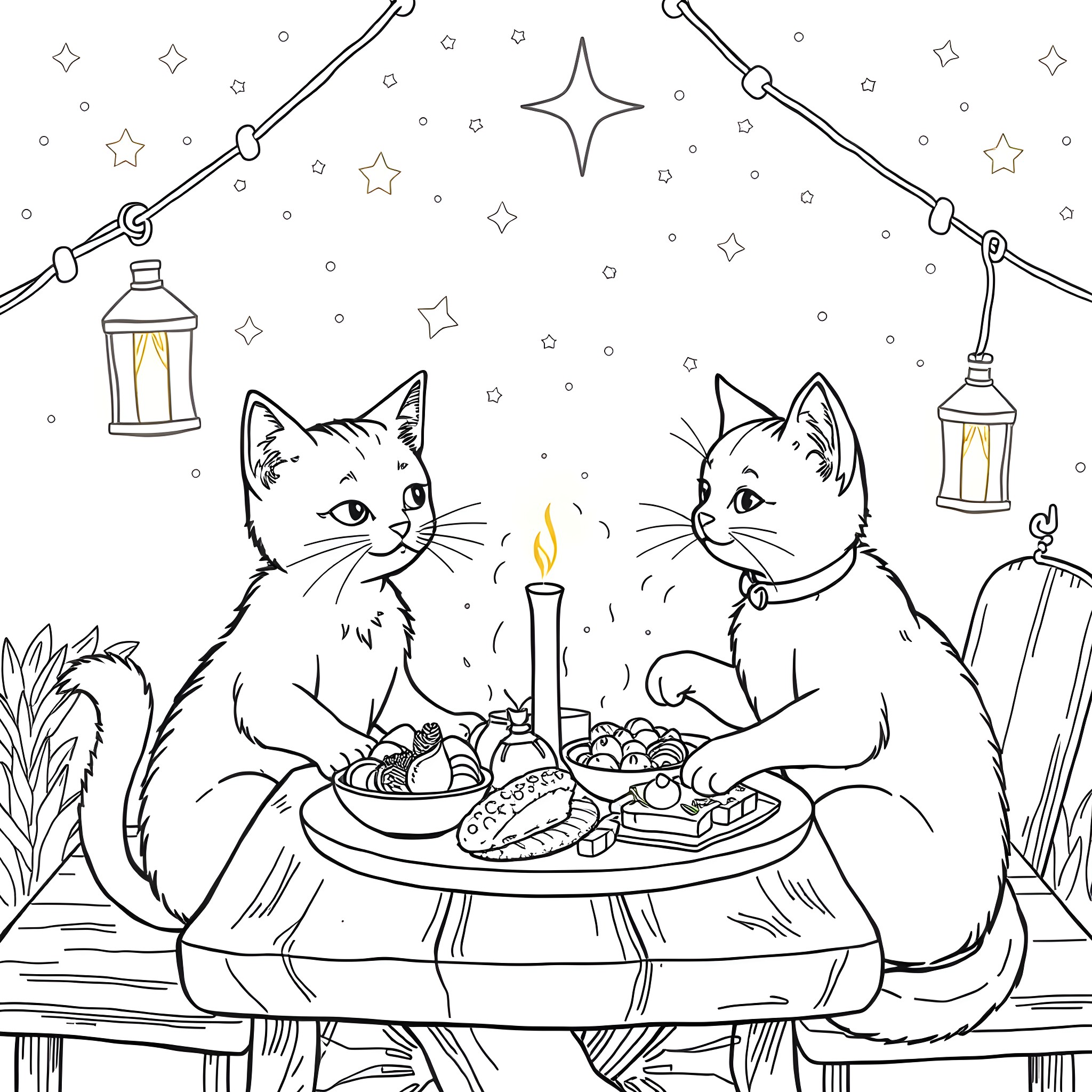 Cats enjoying a starry night feast Coloring Page (free black-and-white line drawing printable PDF for all, from beginners to advanced learners, including children, teens, adults, and seniors)