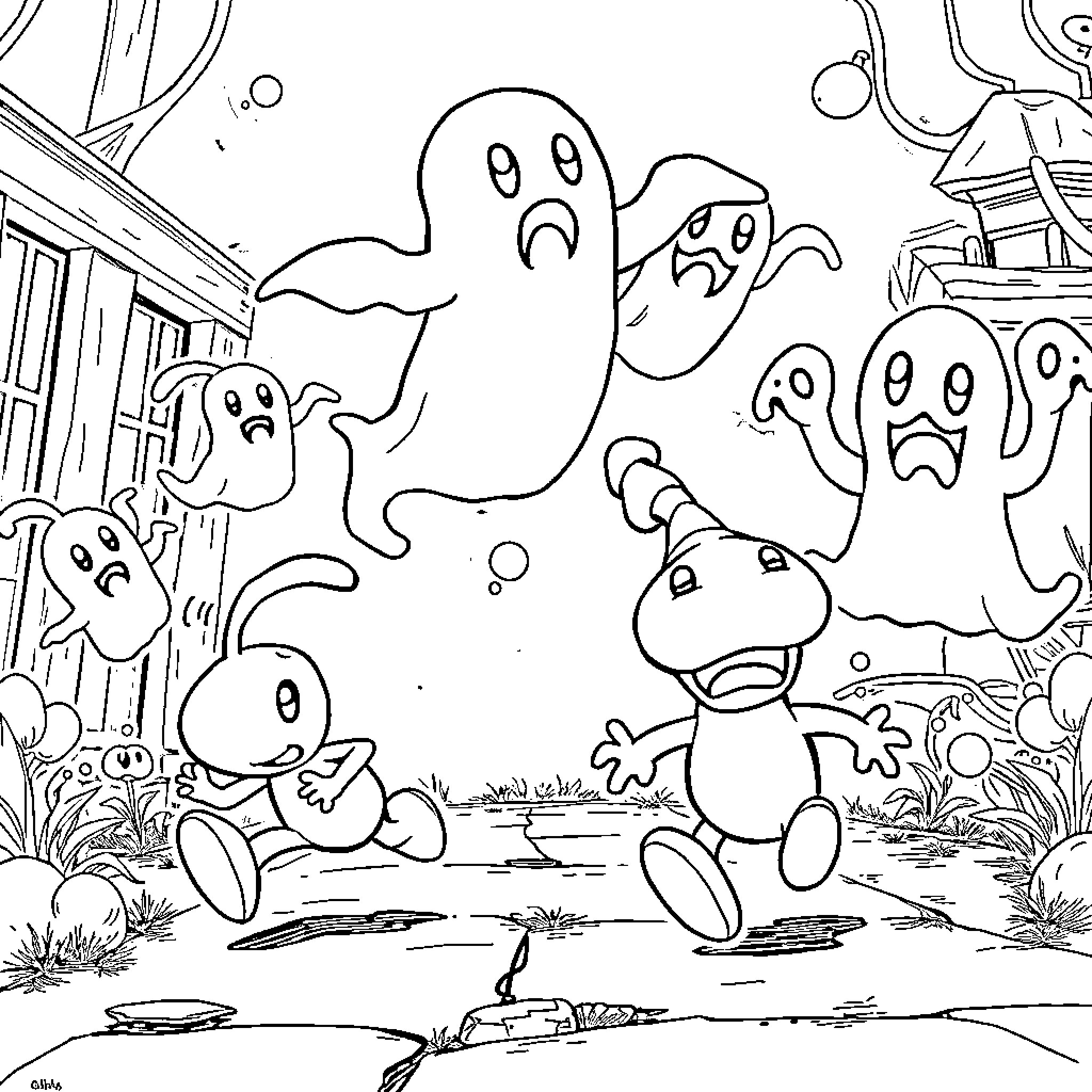 Pikmin exploring a haunted garden with friendly ghosts Coloring Page (free black-and-white line drawing printable PDF for all, from beginners to advanced learners, including children, teens, adults, and seniors)