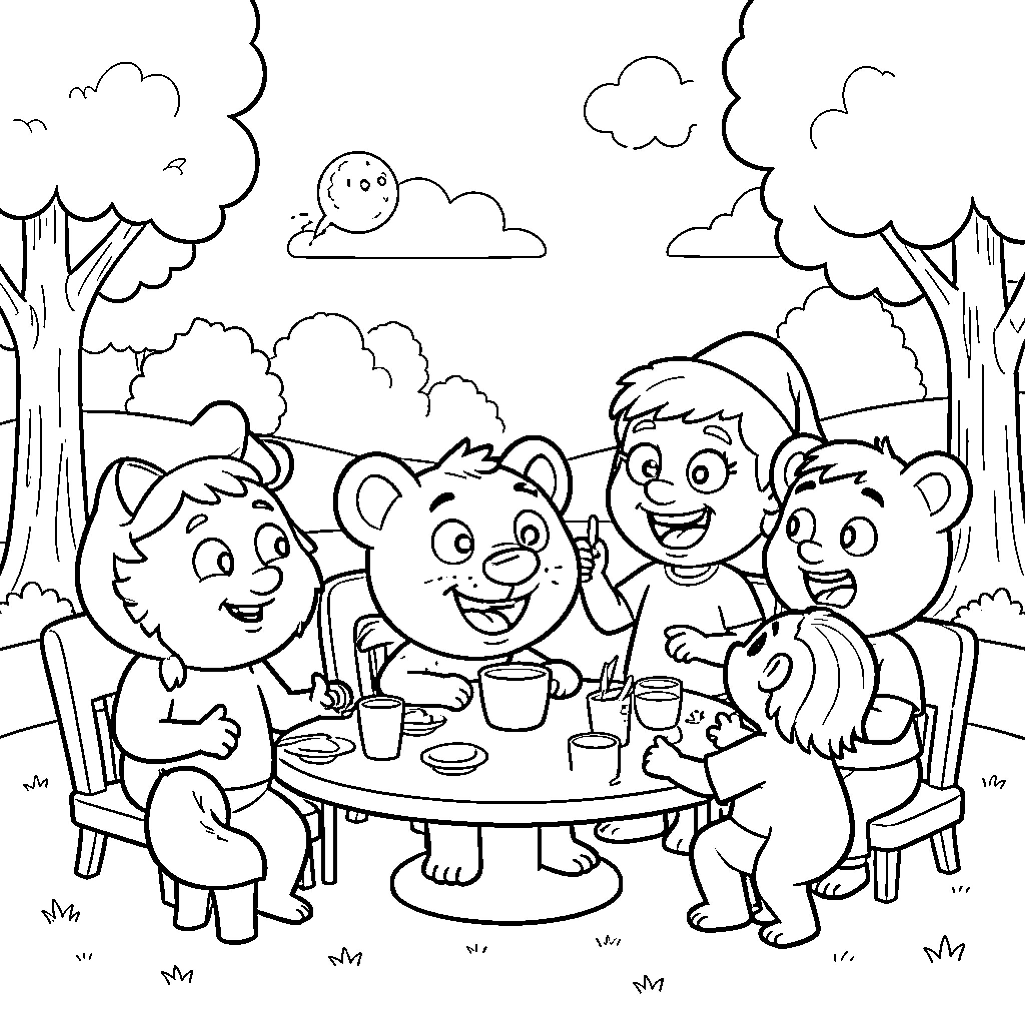 Talking Tom and Friends Enjoying a Picnic in the Park Coloring Page (free black-and-white line drawing printable PDF for all, from beginners to advanced learners, including children, teens, adults, and seniors)
