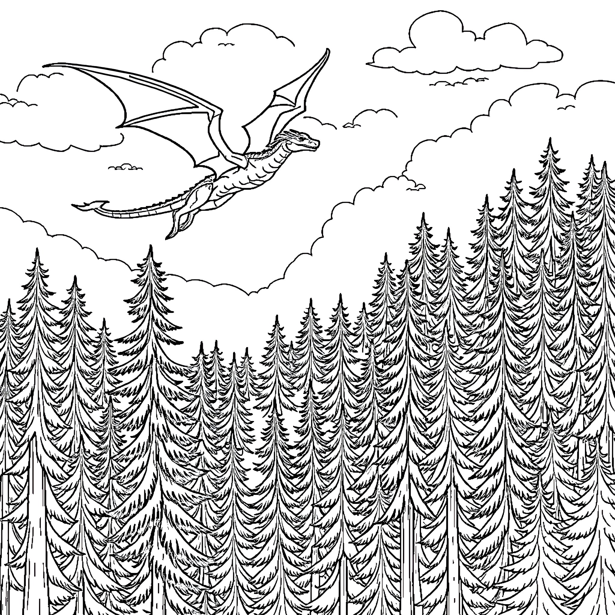 Dragon soaring above the mysterious forest Coloring Page (free black-and-white line drawing printable PDF for all, from beginners to advanced learners, including children, teens, adults, and seniors)