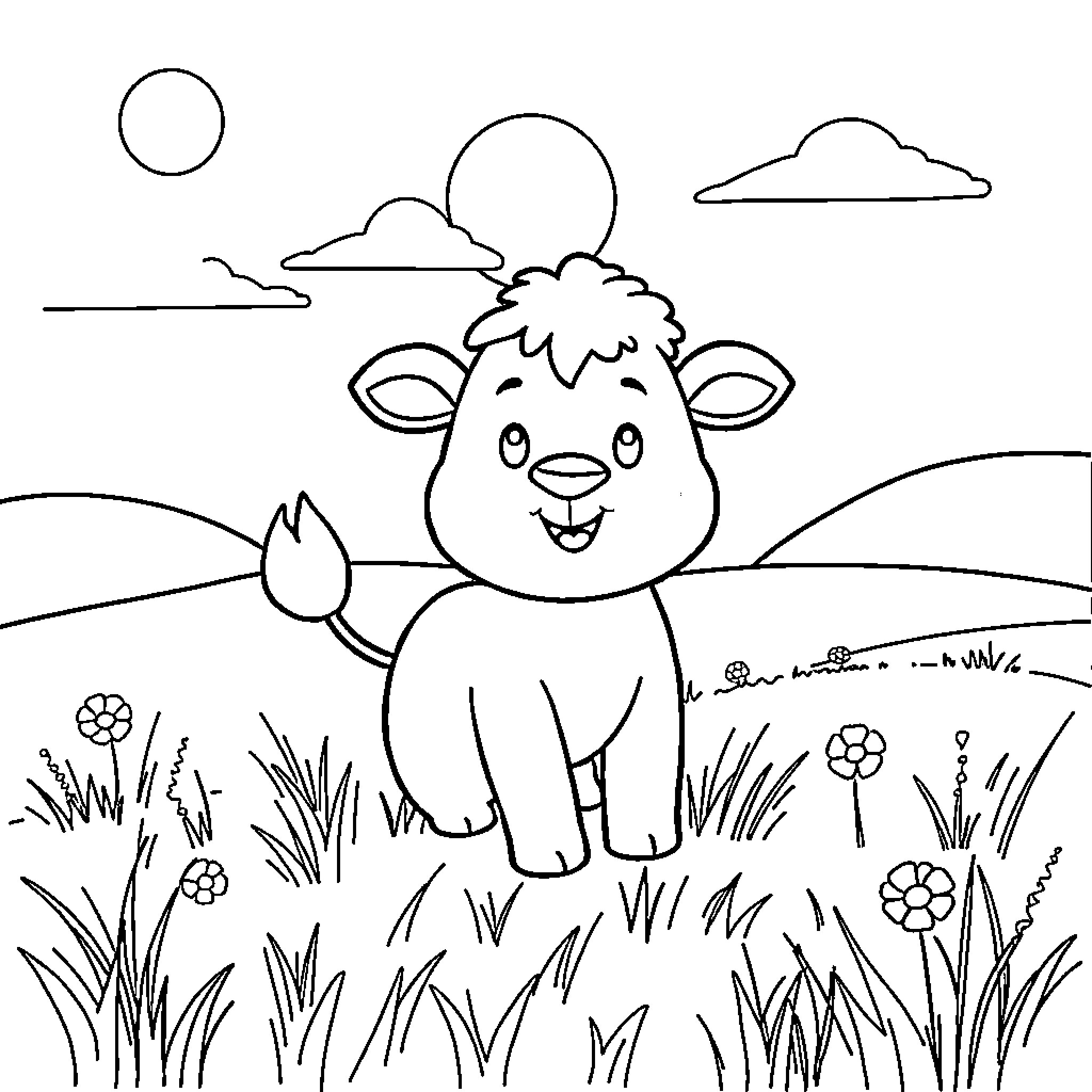 Animal enjoying a sunny day in the field Coloring Page (free black-and-white line drawing printable PDF for all, from beginners to advanced learners, including children, teens, adults, and seniors)