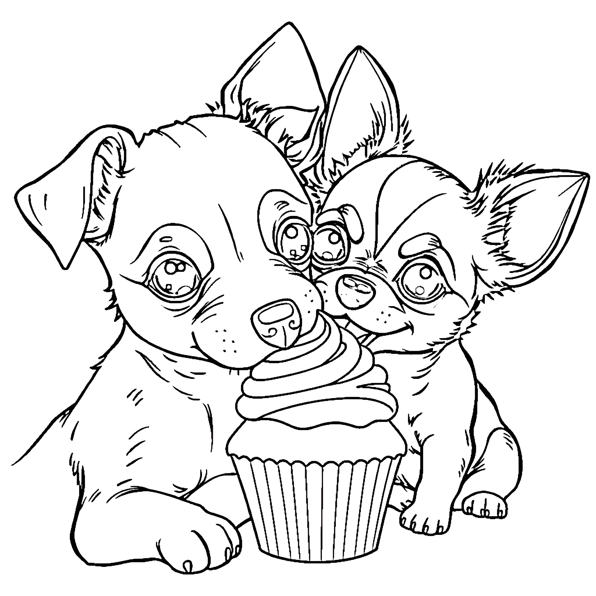 Dog with Cupcake Enjoying Sweet Treat Coloring Page (free black-and-white line drawing printable PDF for all, from beginners to advanced learners, including children, teens, adults, and seniors)