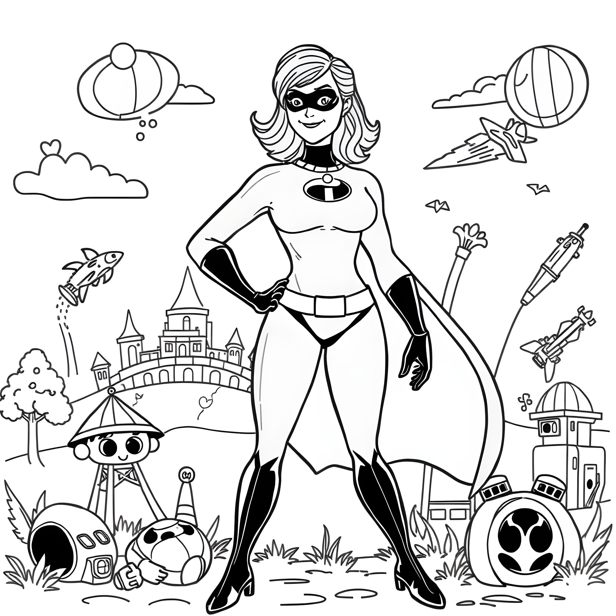 Mrs. Incredible's Heroic Adventure Coloring Page (free black-and-white line drawing printable PDF for all, from beginners to advanced learners, including children, teens, adults, and seniors)