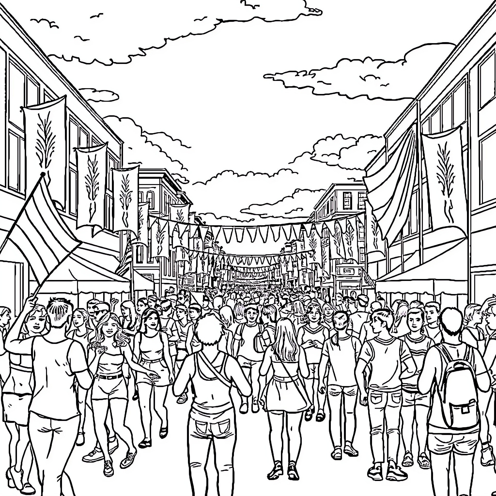 Pride Celebration with Joyful Crowds and Festive Decor Coloring Page (free black-and-white line drawing printable PDF for all, from beginners to advanced learners, including children, teens, adults, and seniors)