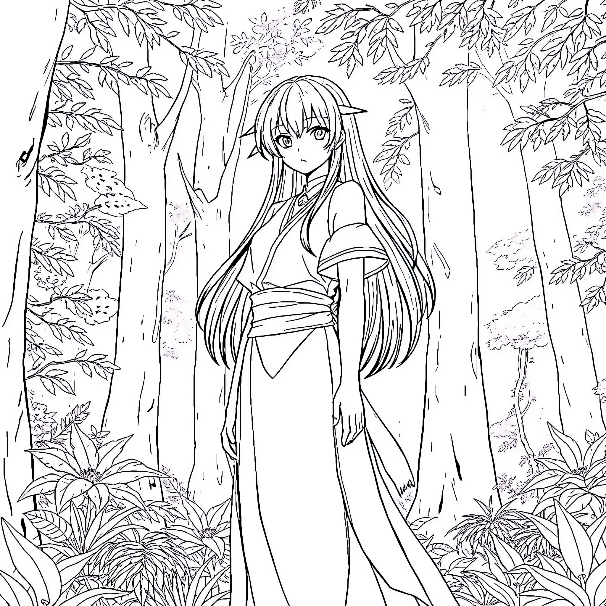 Shinobu Kocho in a Serene Forest Setting Coloring Page (free black-and-white line drawing printable PDF for all, from beginners to advanced learners, including children, teens, adults, and seniors)