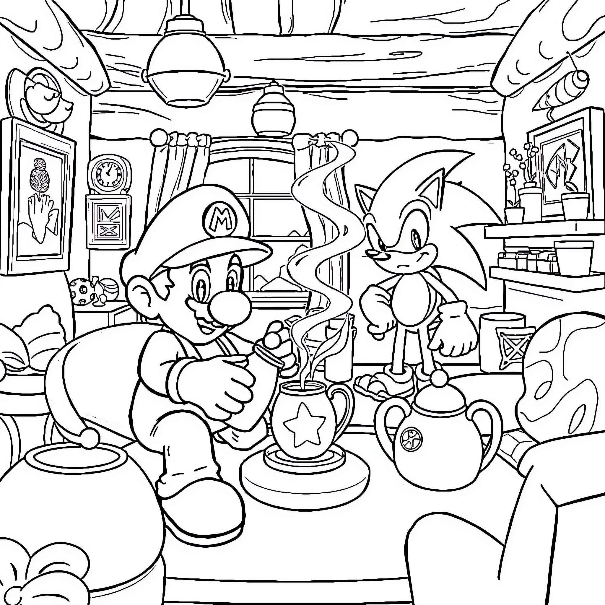 Mario and Sonic exploring a whimsical room Coloring Page (free black-and-white line drawing printable PDF for all, from beginners to advanced learners, including children, teens, adults, and seniors)