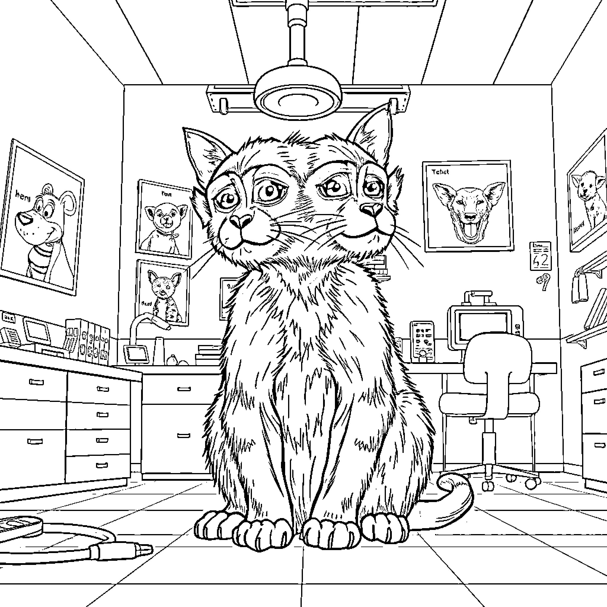 Mutant Monkey Cat Exploring Strange Laboratory Coloring Page (free black-and-white line drawing printable PDF for all, from beginners to advanced learners, including children, teens, adults, and seniors)