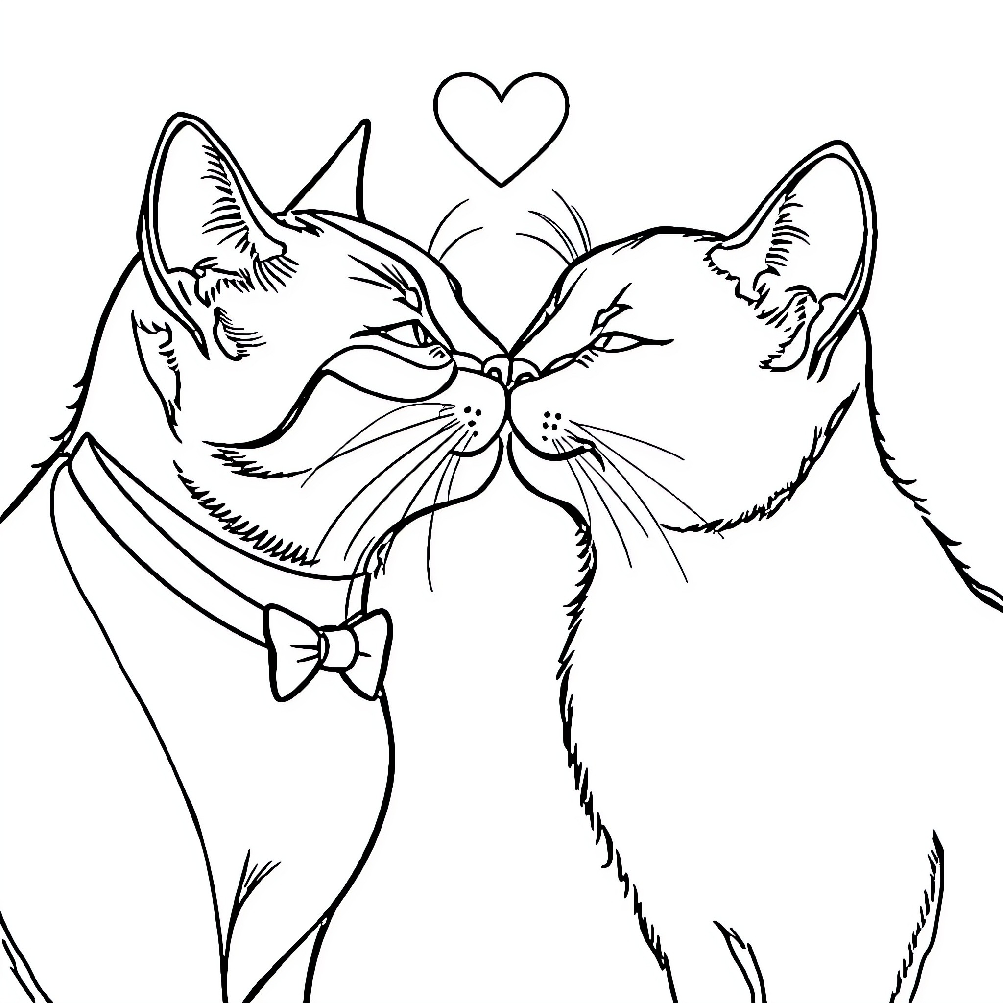 Cat Couple in Love with Heart Coloring Page (free black-and-white line drawing printable PDF for all, from beginners to advanced learners, including children, teens, adults, and seniors)
