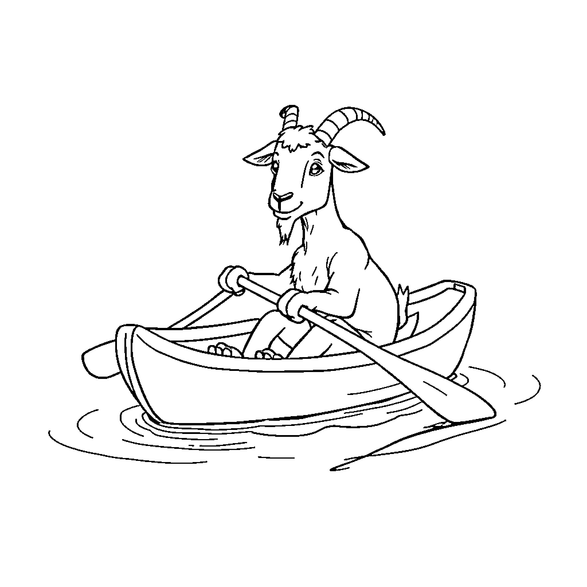 Goat rowing a boat on the water Coloring Page (free black-and-white line drawing printable PDF for all, from beginners to advanced learners, including children, teens, adults, and seniors)