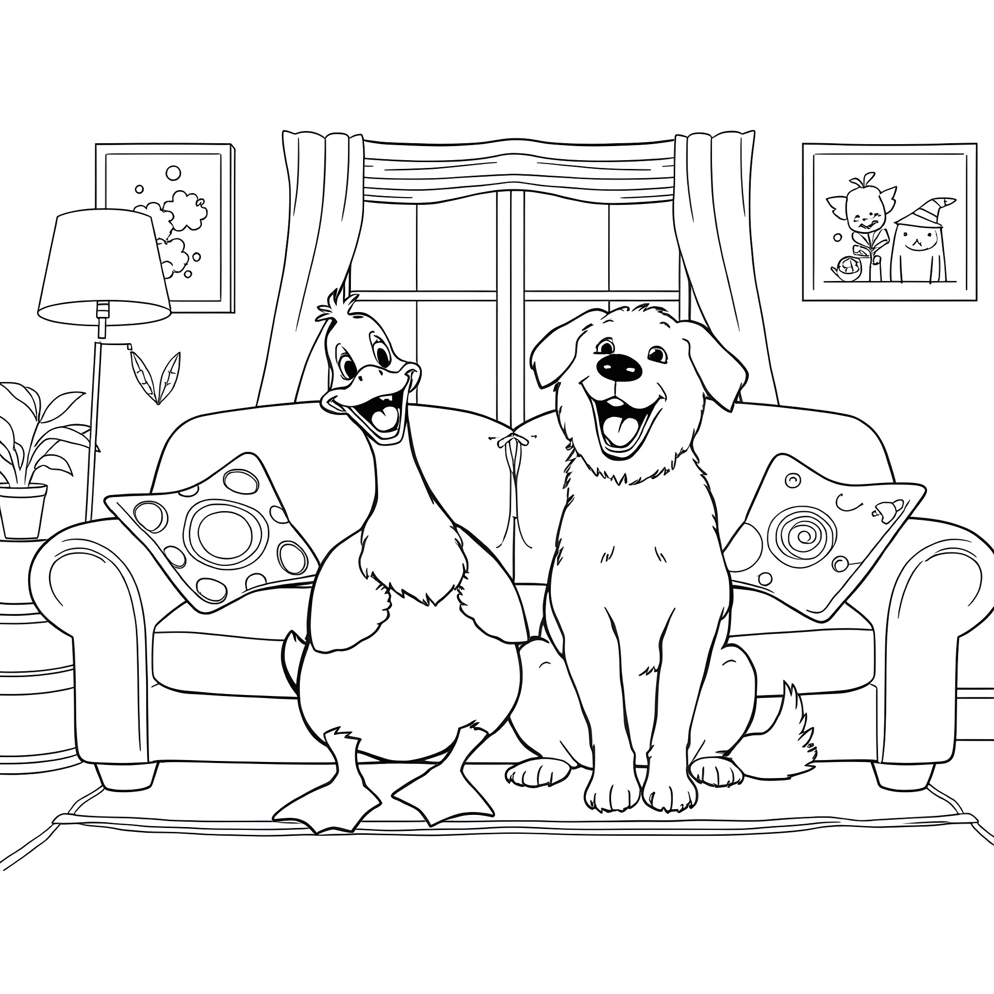 Duck and Dog Enjoying Time Together Coloring Page (free black-and-white line drawing printable PDF for all, from beginners to advanced learners, including children, teens, adults, and seniors)