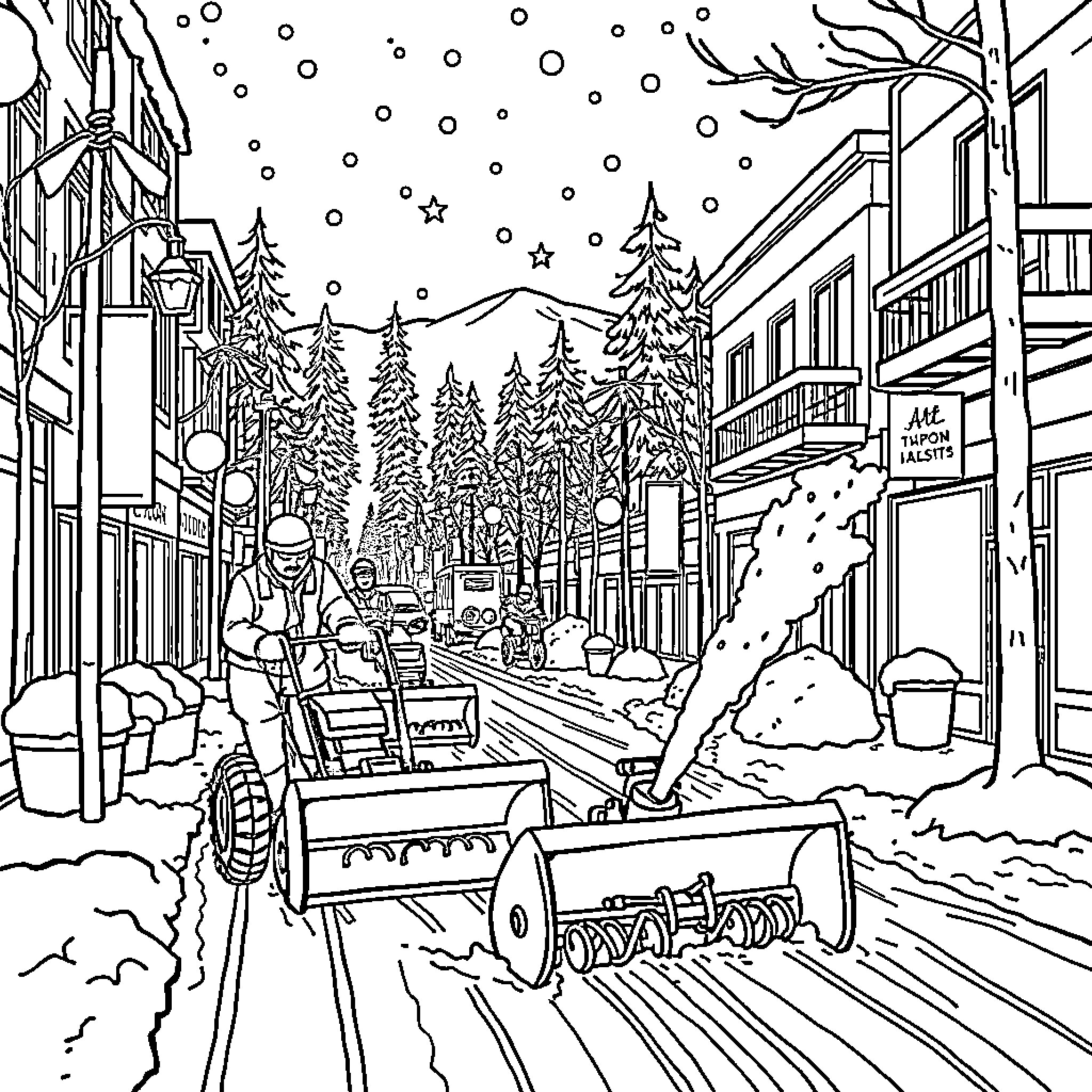 Snowblower clearing snow in wintry town Coloring Page (free black-and-white line drawing printable PDF for all, from beginners to advanced learners, including children, teens, adults, and seniors)