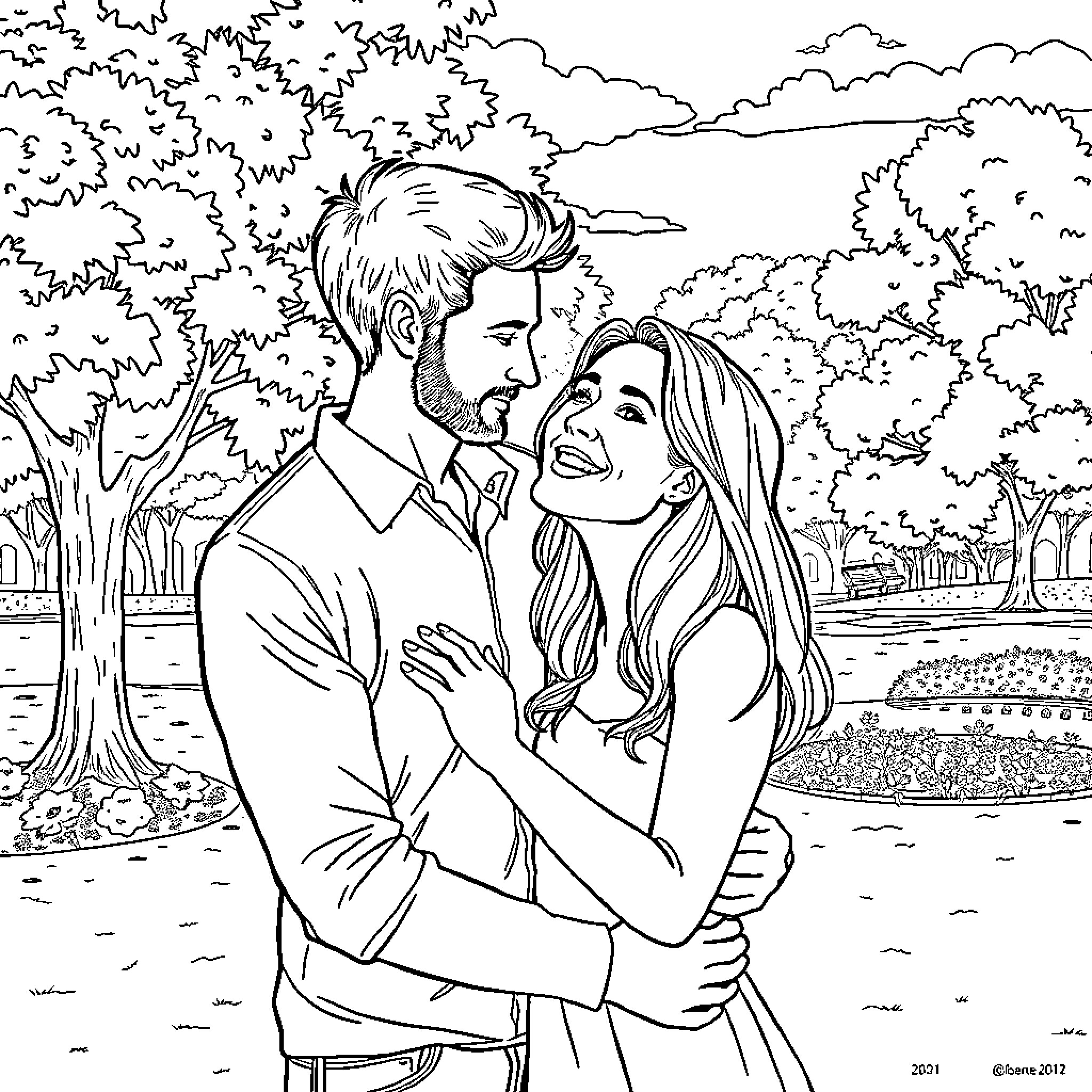 Man lovingly embracing woman in park Coloring Page (free black-and-white line drawing printable PDF for all, from beginners to advanced learners, including children, teens, adults, and seniors)