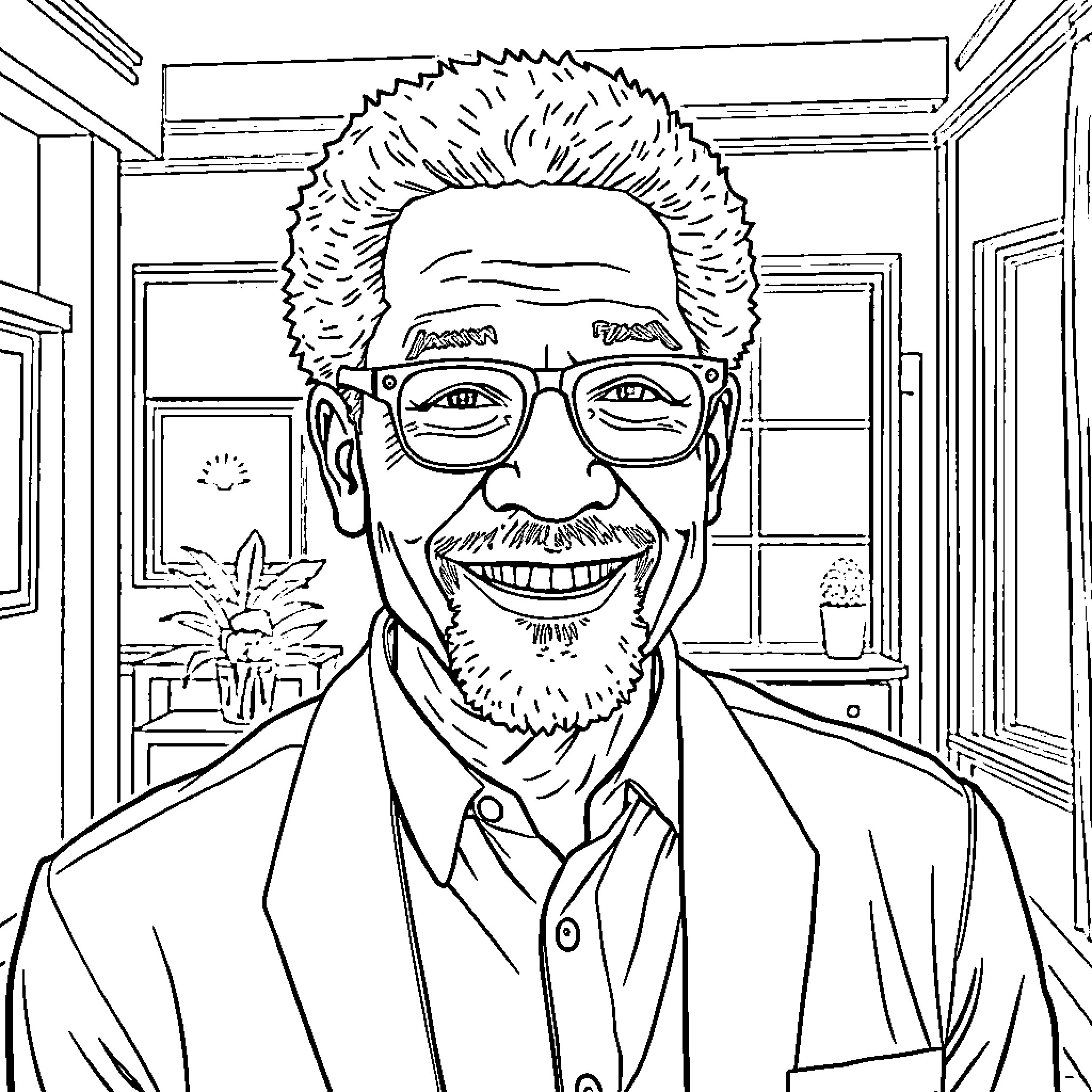 Morgan Freeman smiling warmly in a professional setting Coloring Page (free black-and-white line drawing printable PDF for all, from beginners to advanced learners, including children, teens, adults, and seniors)