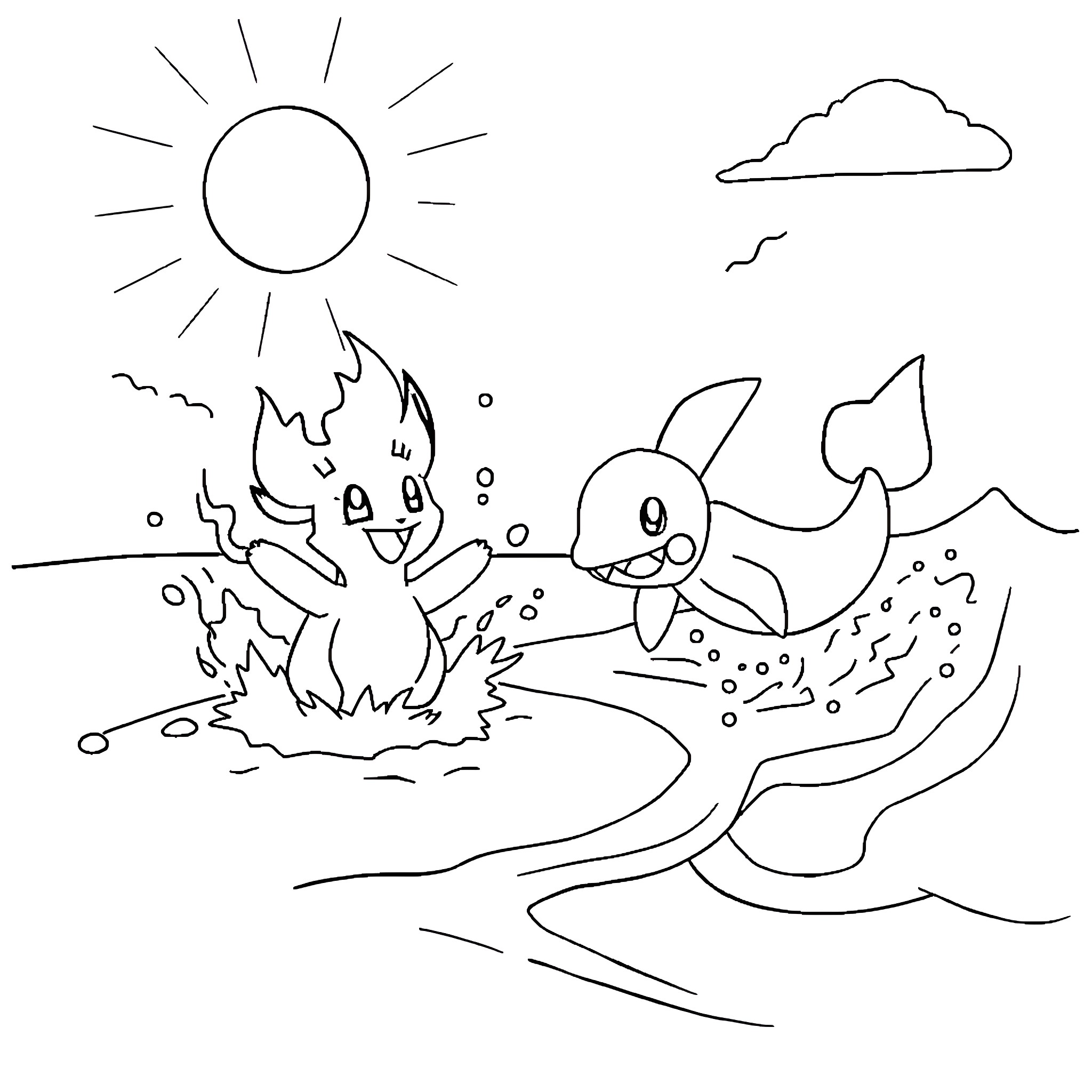 Pokémon enjoying a sunny day at the beach Coloring Page (free black-and-white line drawing printable PDF for all, from beginners to advanced learners, including children, teens, adults, and seniors)