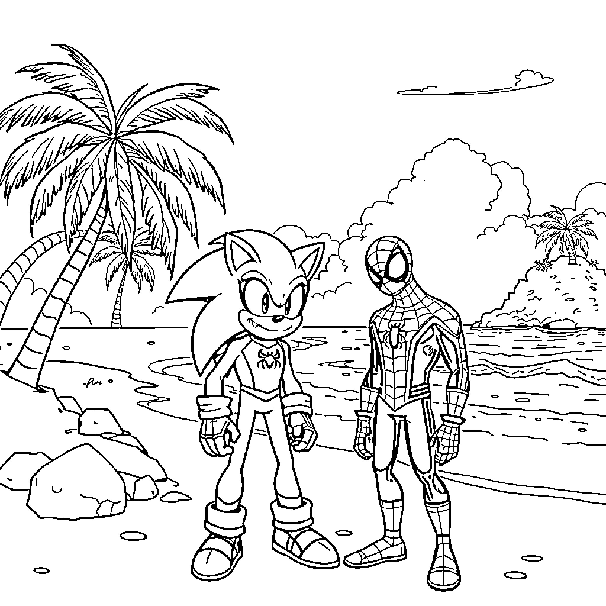 Spiderman standing on a tropical beach with Sonic Coloring Page (free black-and-white line drawing printable PDF for all, from beginners to advanced learners, including children, teens, adults, and seniors)