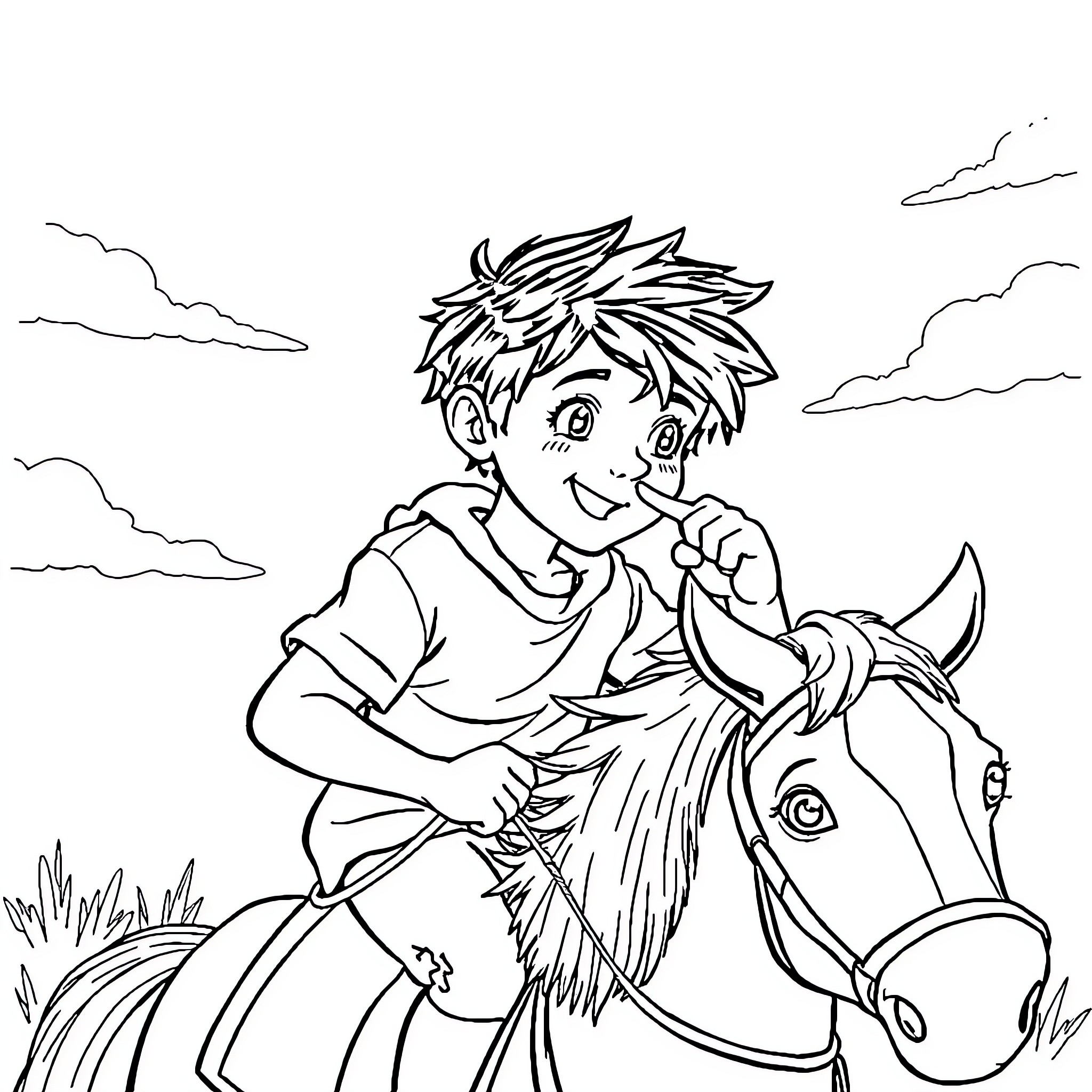 Boy riding a horse in a field Coloring Page (free black-and-white line drawing printable PDF for all, from beginners to advanced learners, including children, teens, adults, and seniors)